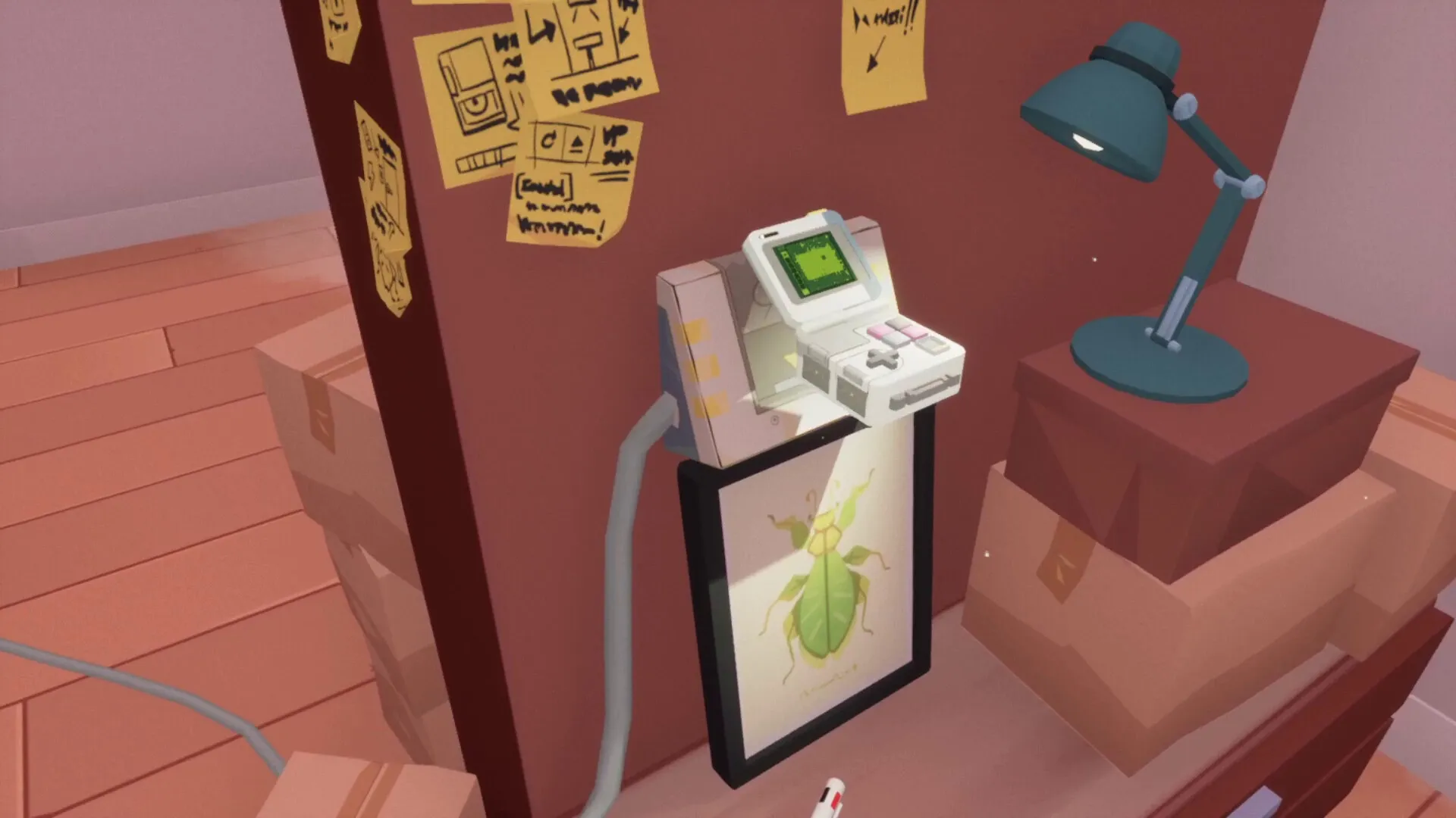 Looking For Fael: Wall with sketches, a small game console, and a lamp in a cluttered apartment corner