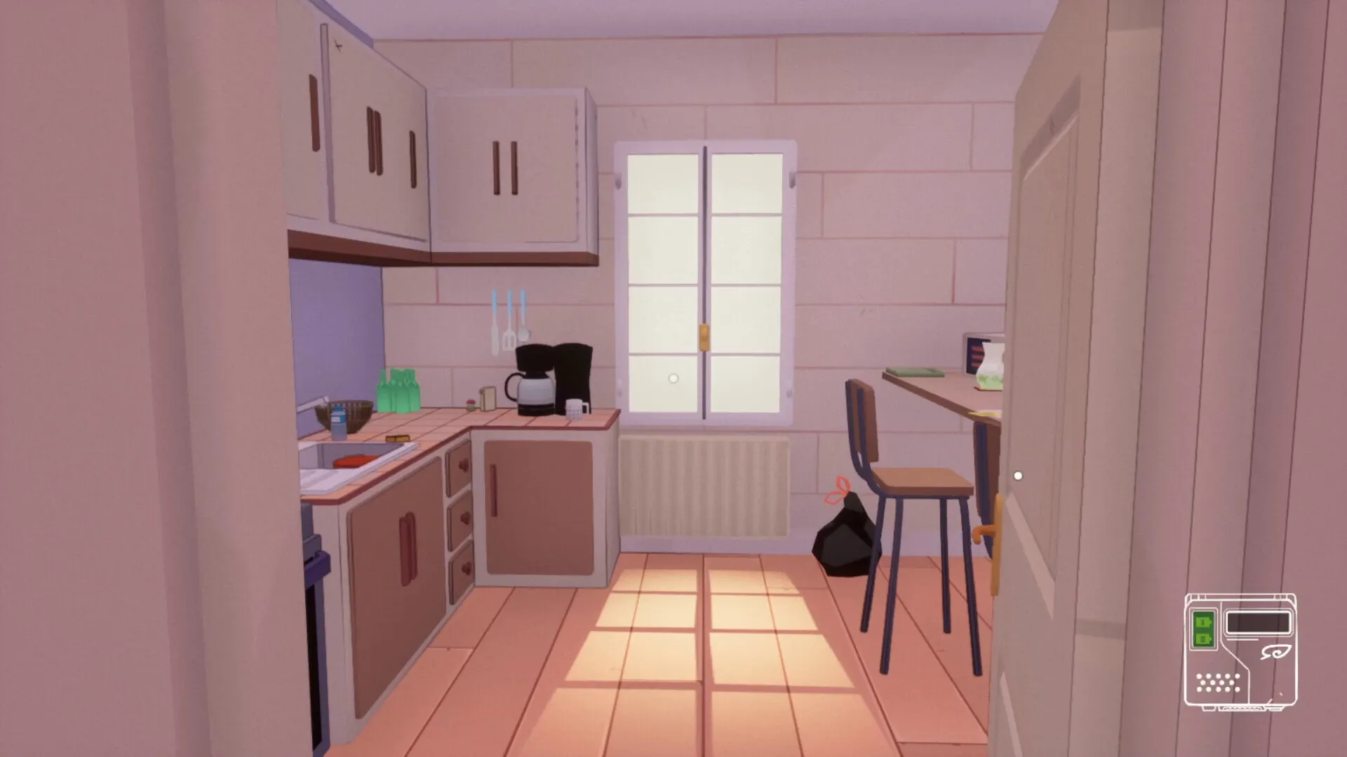 Looking For Fael: Kitchen scene with cabinets, window, and a table; UI shows a communication device.