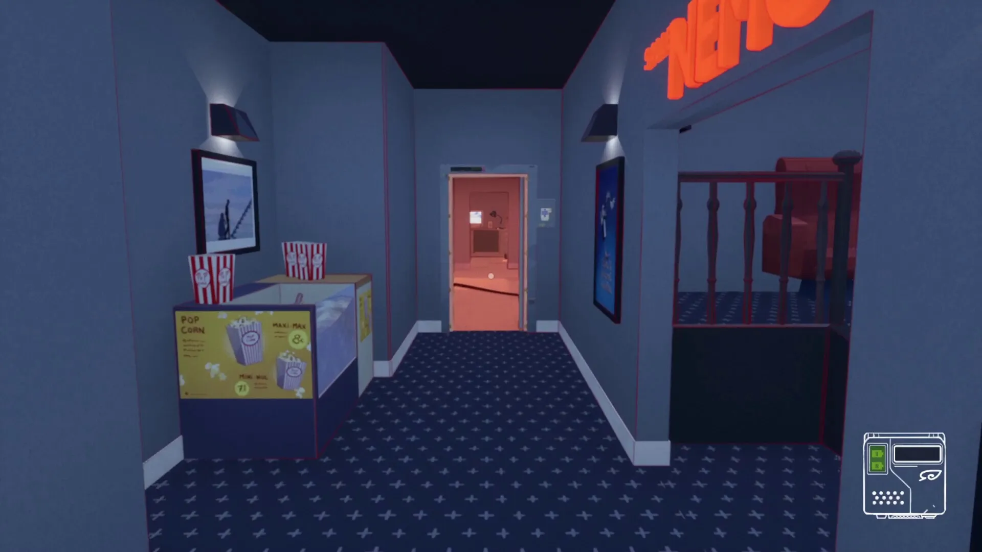 Looking For Fael: Hallway with popcorn stand and red neon sign, leading to a dimly lit room