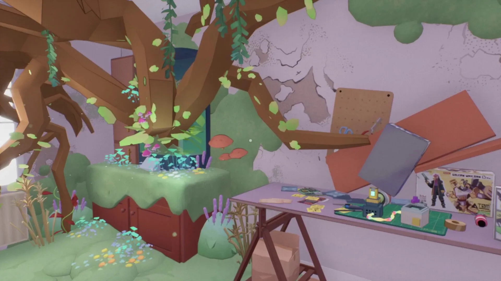 Looking For Fael: Overgrown branches and workbench with tools in a cluttered, whimsical apartment setting.