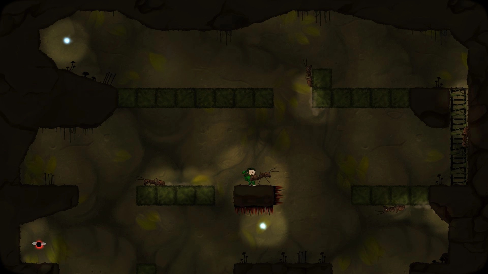Looking for Imago: Character riding an ant over spikes in a dimly lit cavern with glowing orbs