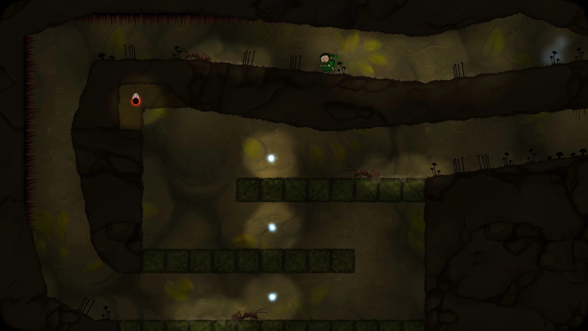 Looking for Imago: Character jumps over ants in a dimly lit underground cavern with glowing orbs