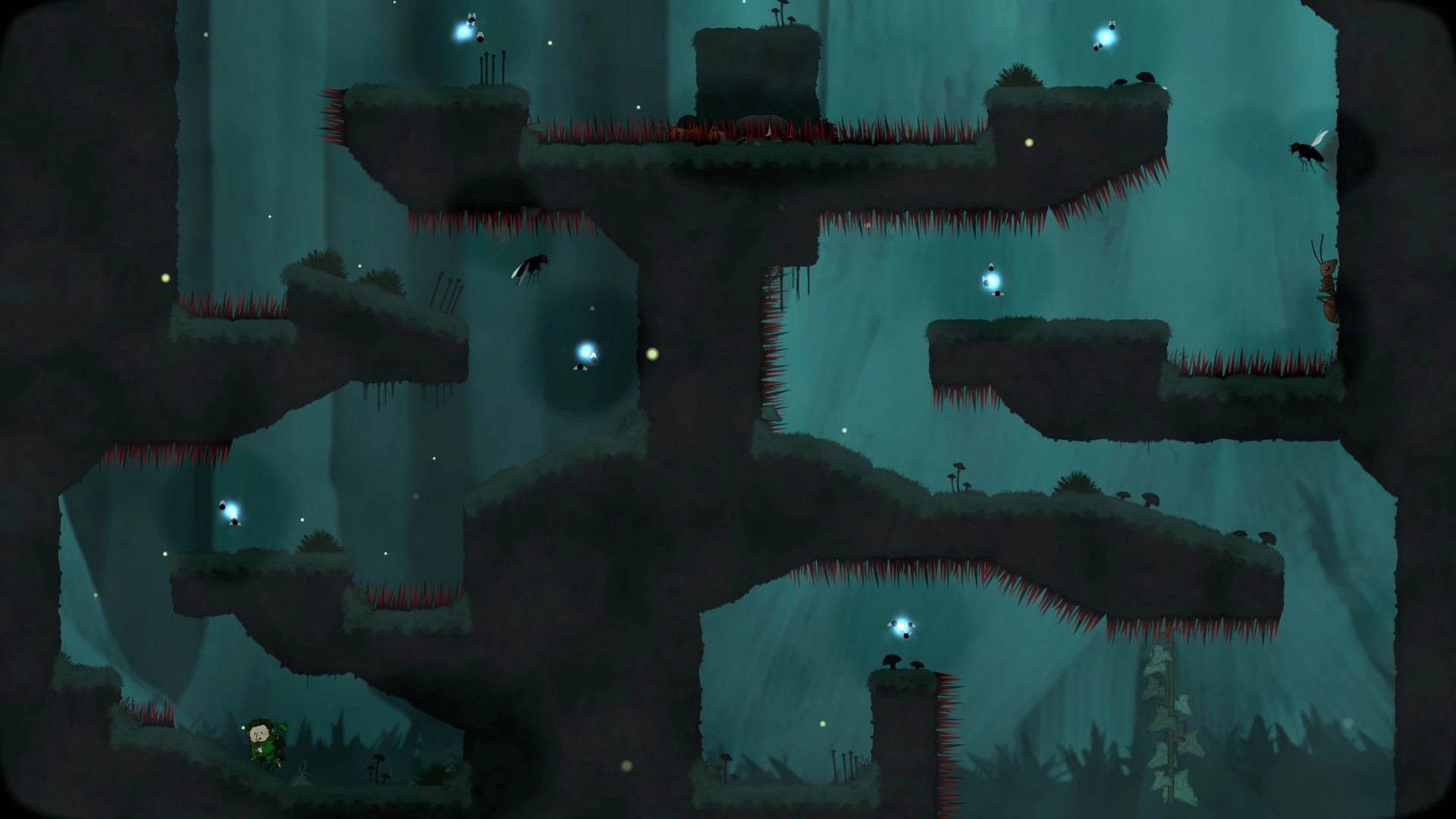 Looking for Imago: Character navigating platforms with glowing orbs and insects in a dark forest environment