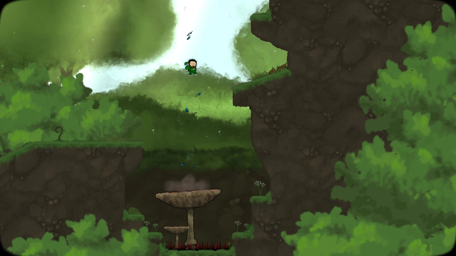 Looking for Imago: Character jumping over a gap in a lush forest platforming environment