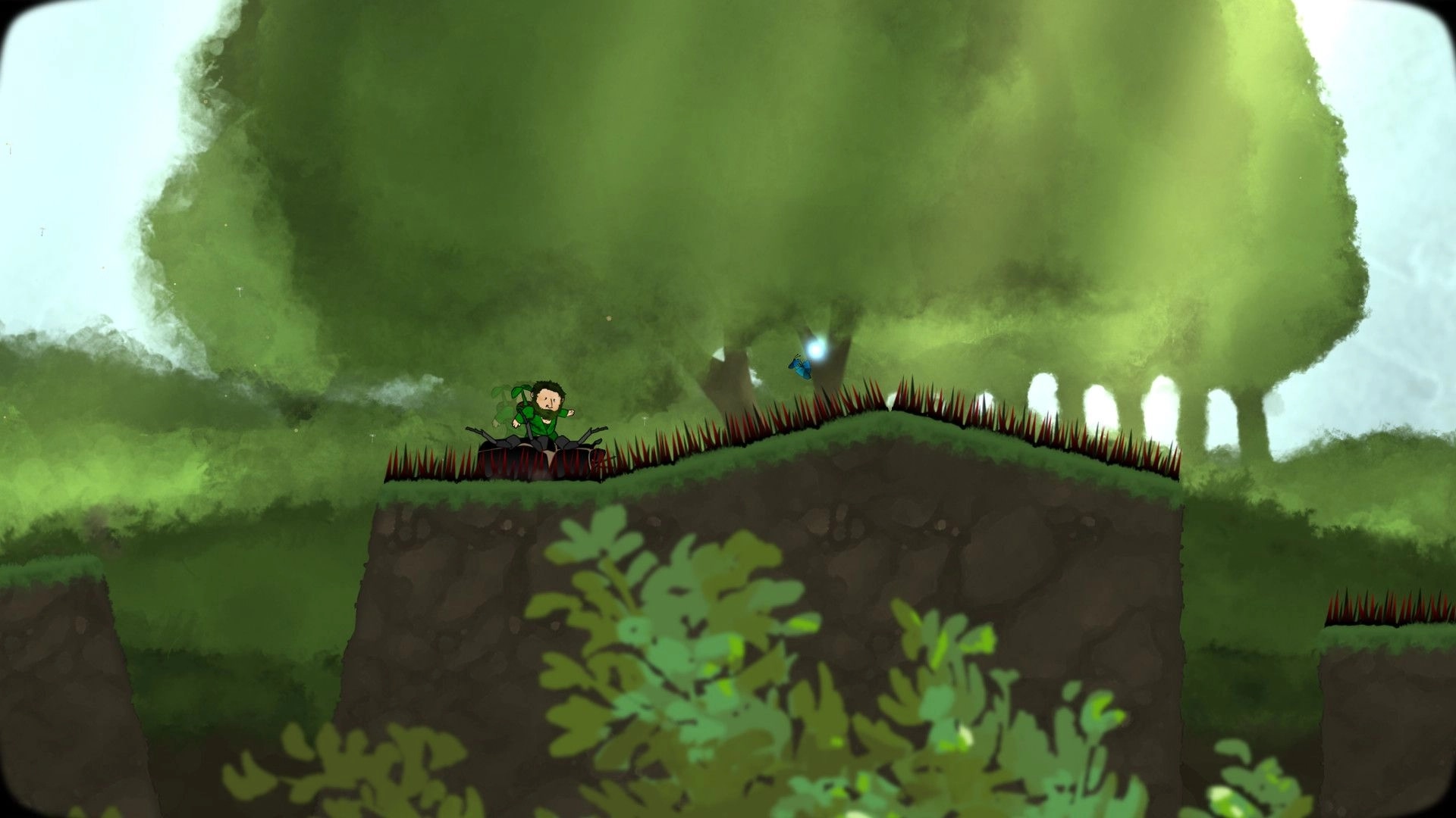 Looking for Imago: Character navigating spiked platforms in a lush, green forest environment