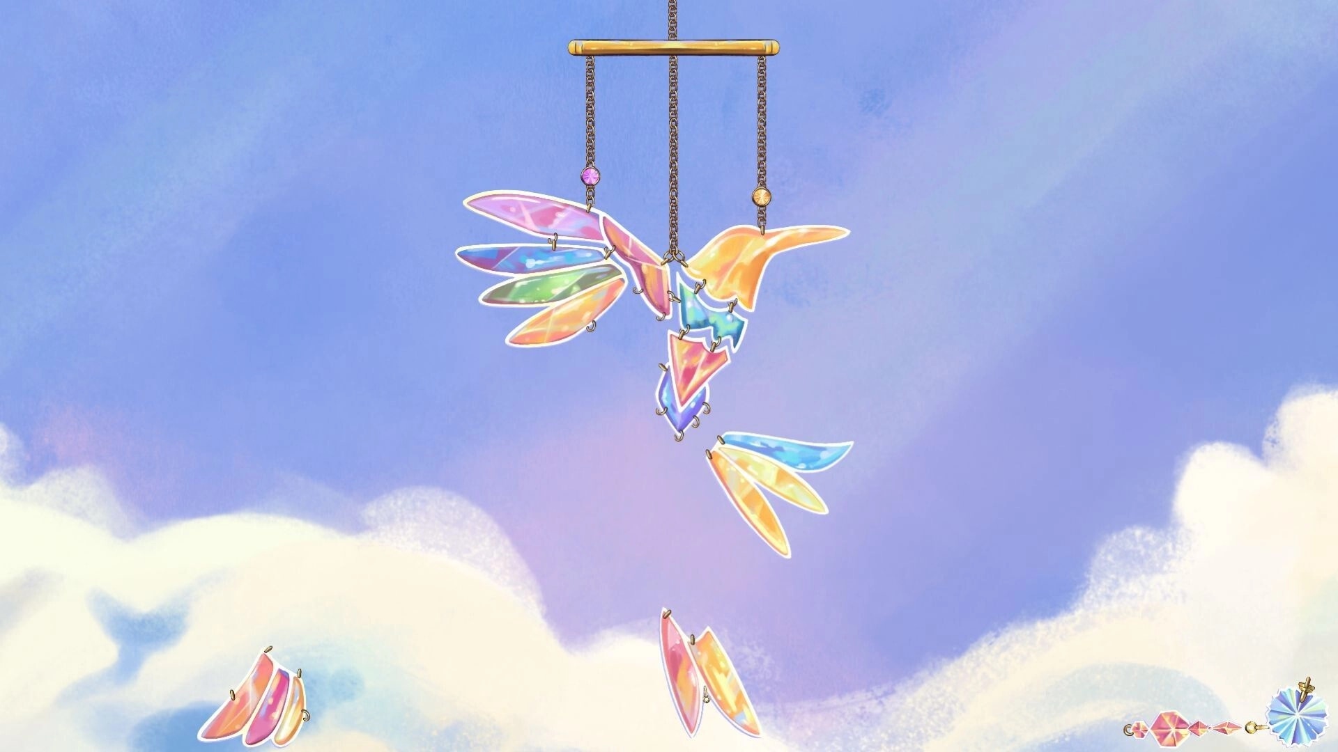 Looking Up: Colorful butterfly-shaped puzzle pieces suspended in sky with clouds in serene backdrop