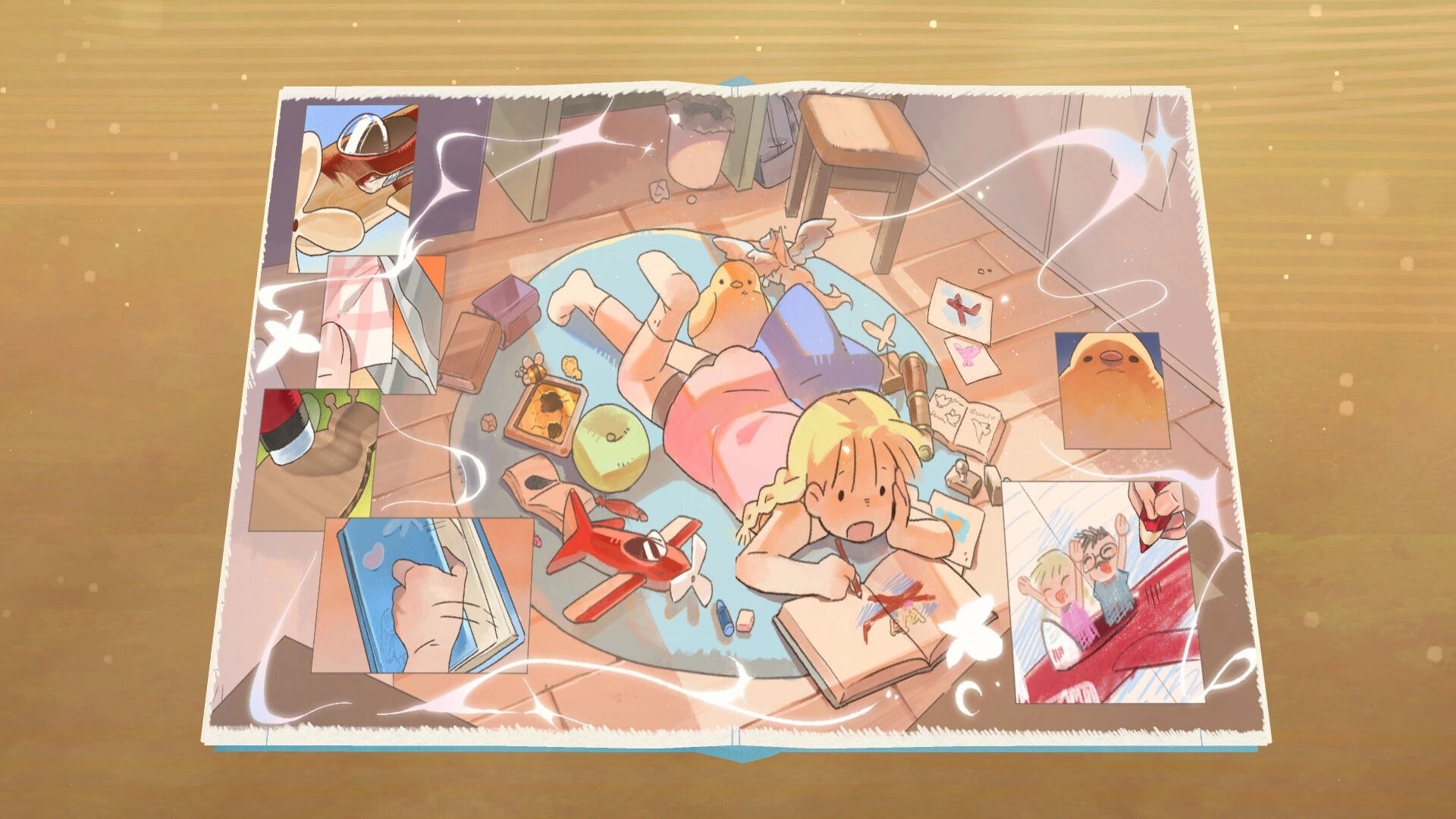 Looking Up: Emilia drawing on the floor surrounded by toys and sketches in a cozy room setting