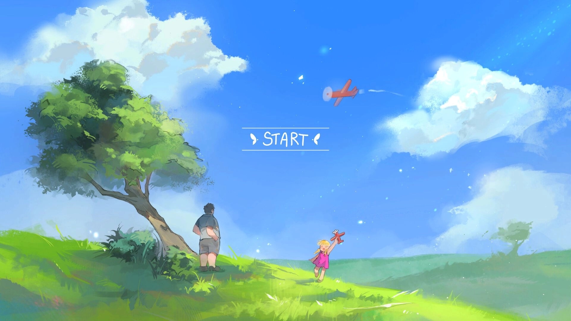 Looking Up: Emilia runs with toy plane under blue sky, dad stands by tree, start menu displayed