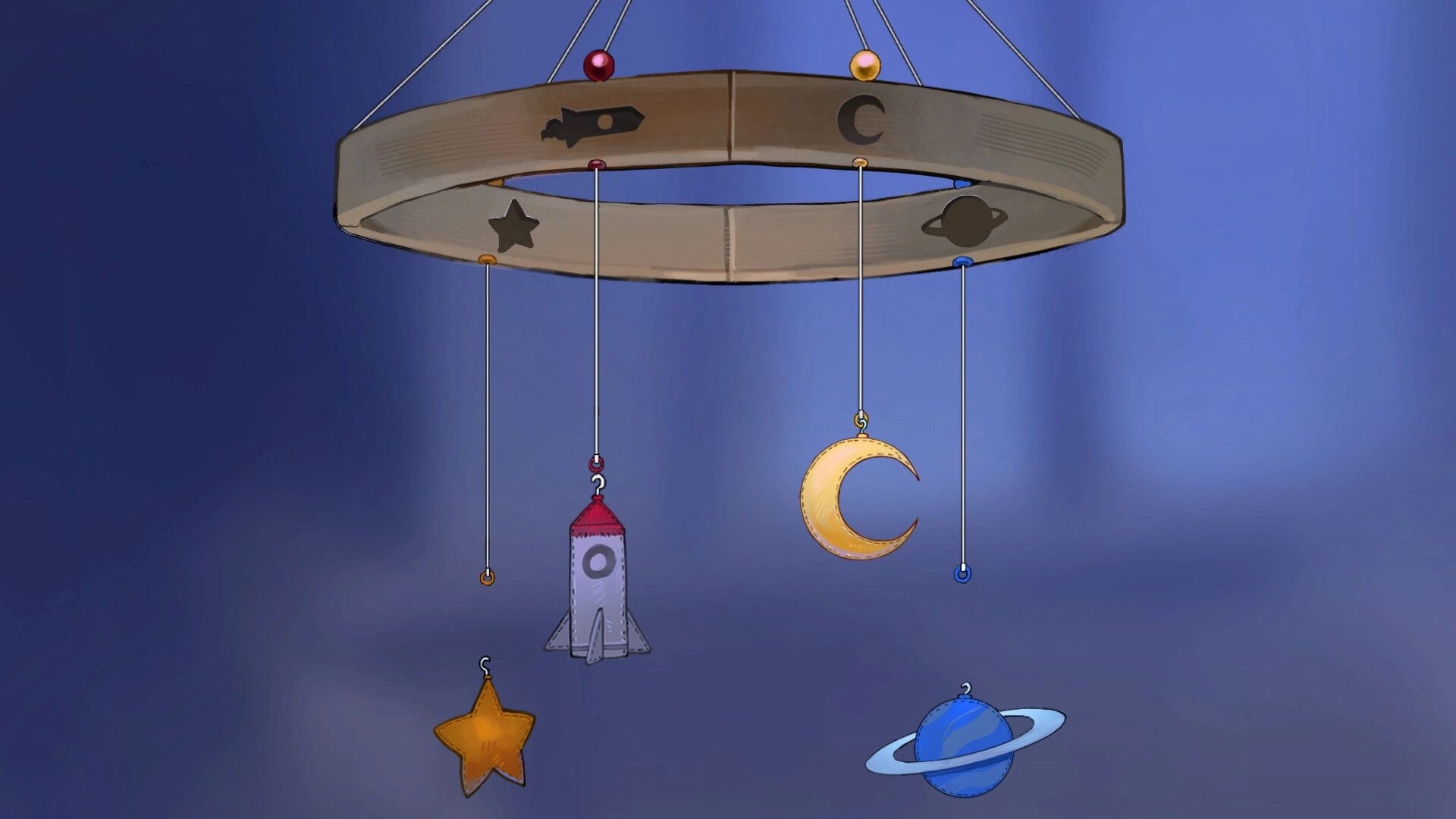 Looking Up: Wooden mobile with rocket, moon, star, and planet shapes hanging in a serene blue background