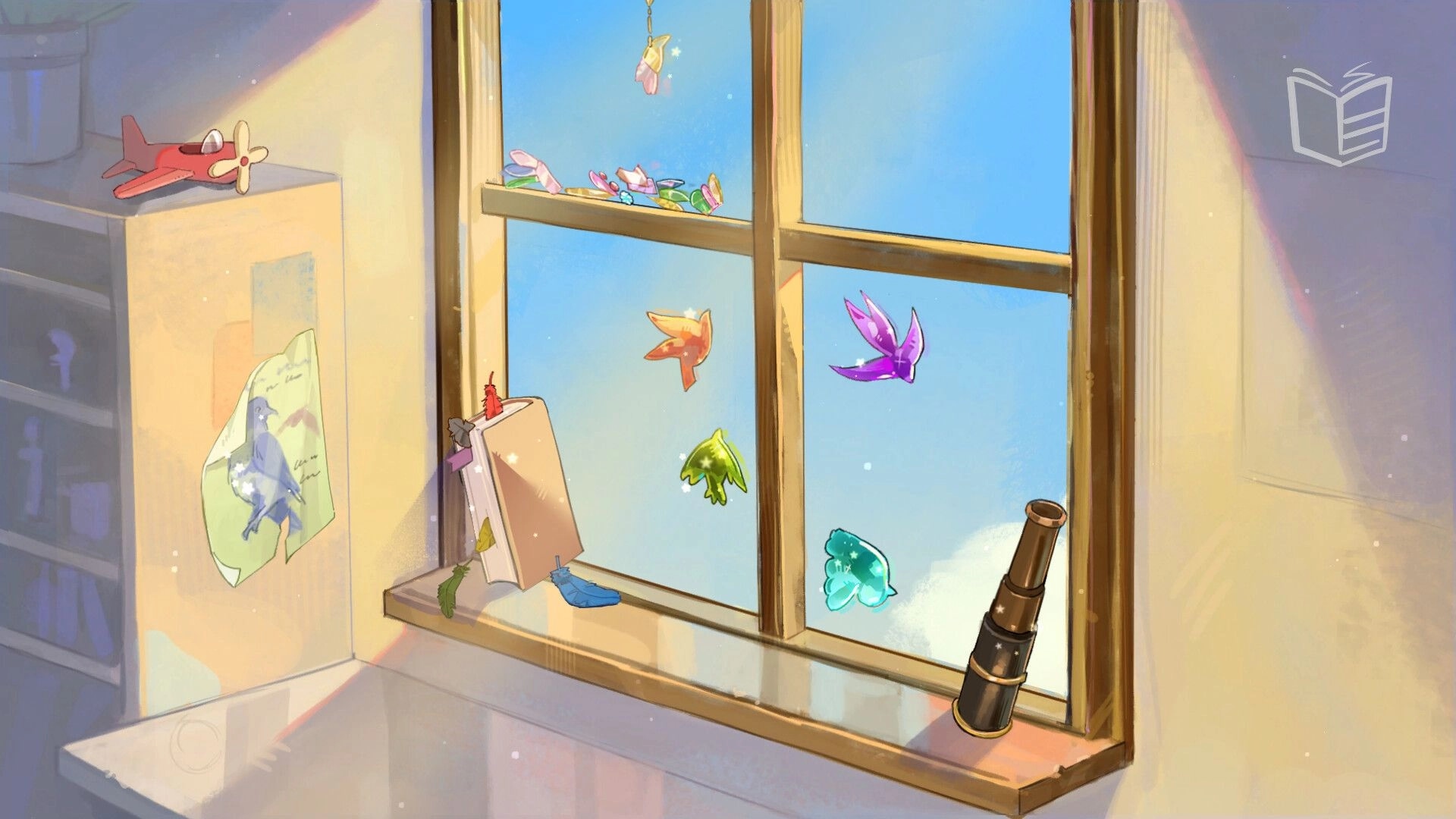 Looking Up: Colorful butterflies flutter past a sunlit window with a telescope on the windowsill.