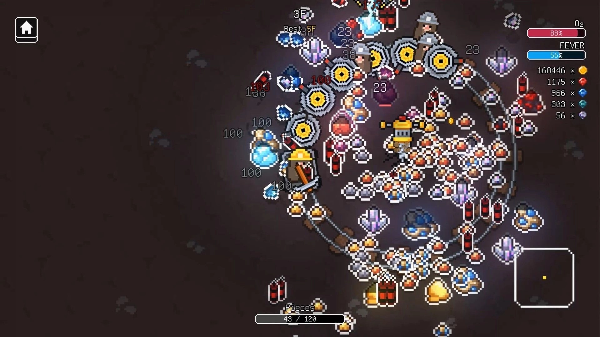 Loop Miner: Miner fights in a looping tunnel packed with gems, saws, and O2/fever UI meters.