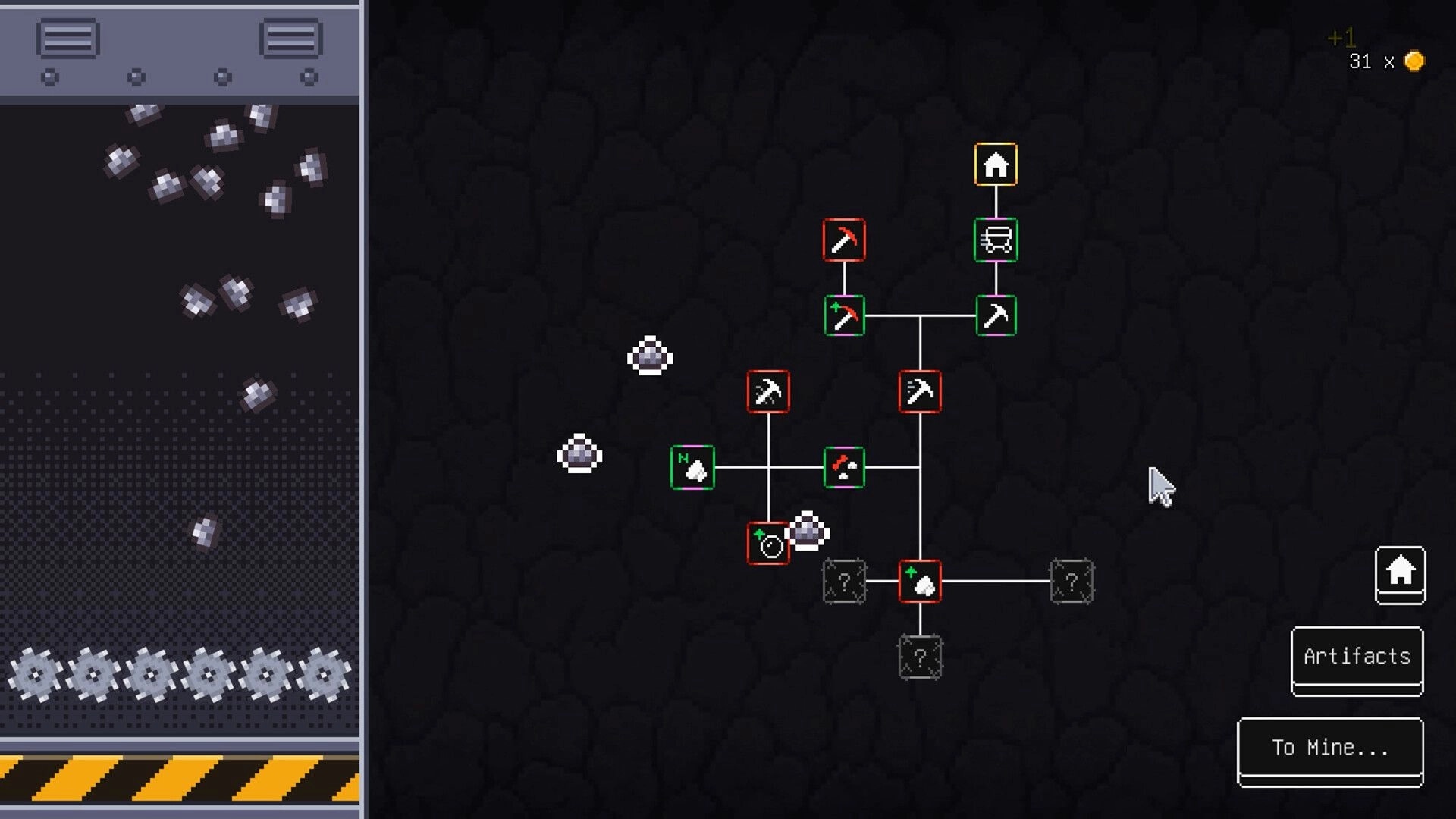 Loop Miner: Artifact skill tree with pickaxe nodes and mine conveyor UI in dark underground menu.