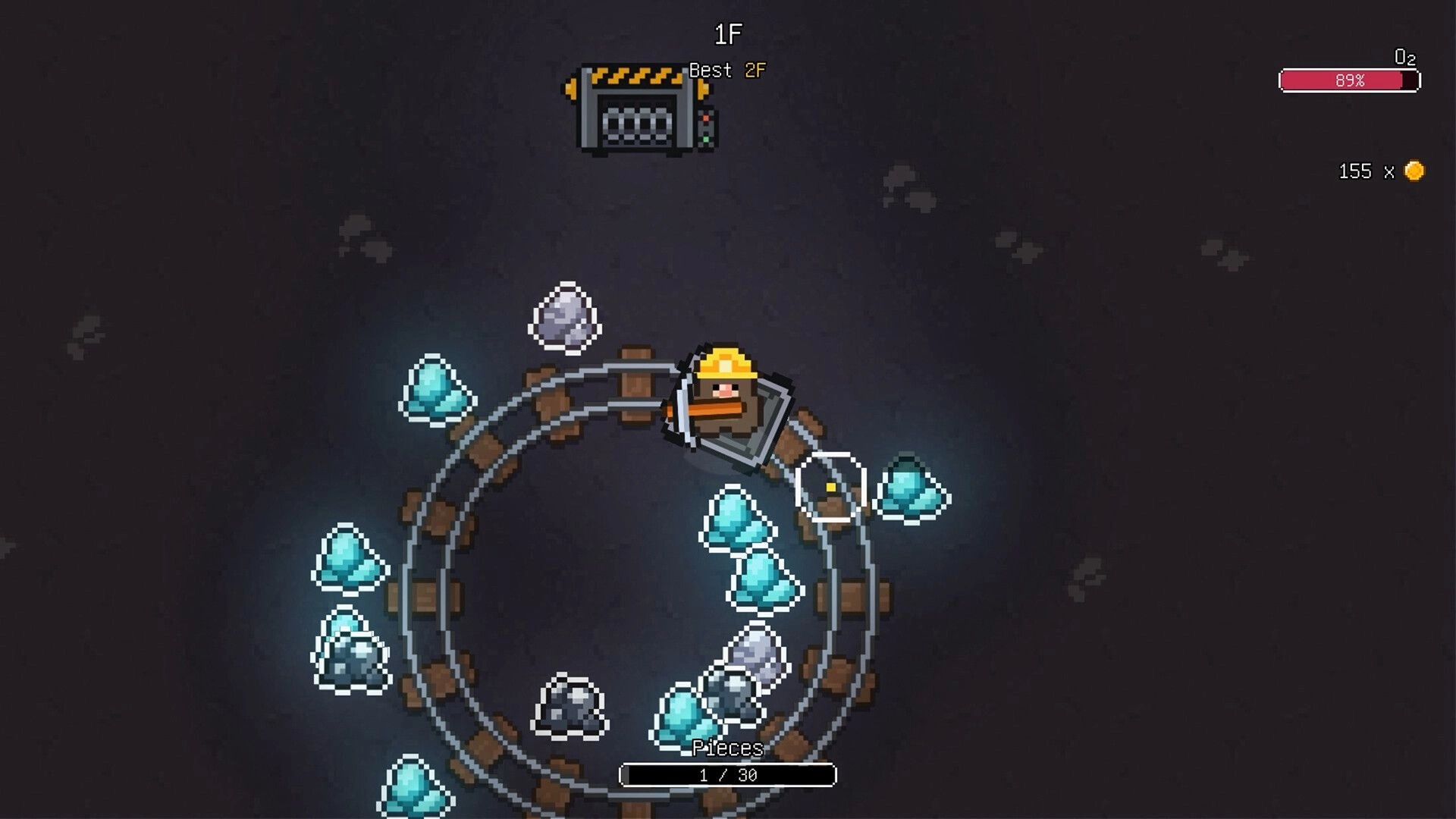 Loop Miner: Mole miner rides a circular rail collecting gems in a dark mine, with floor and O2 UI.