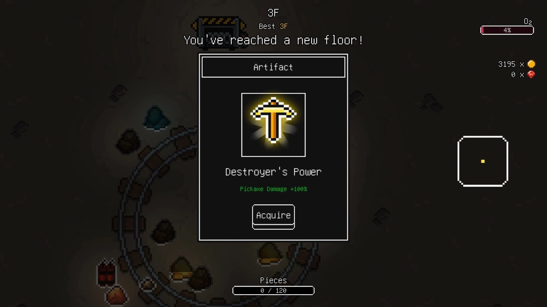 Loop Miner: New floor reward popup for Artifact Destroyer's Power, mine map with rails and O2 bar.