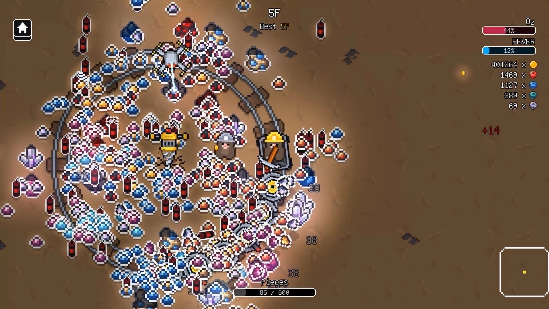 Loop Miner: Miner and drill robot collect gems on circular tracks in a brown mine UI with meters.