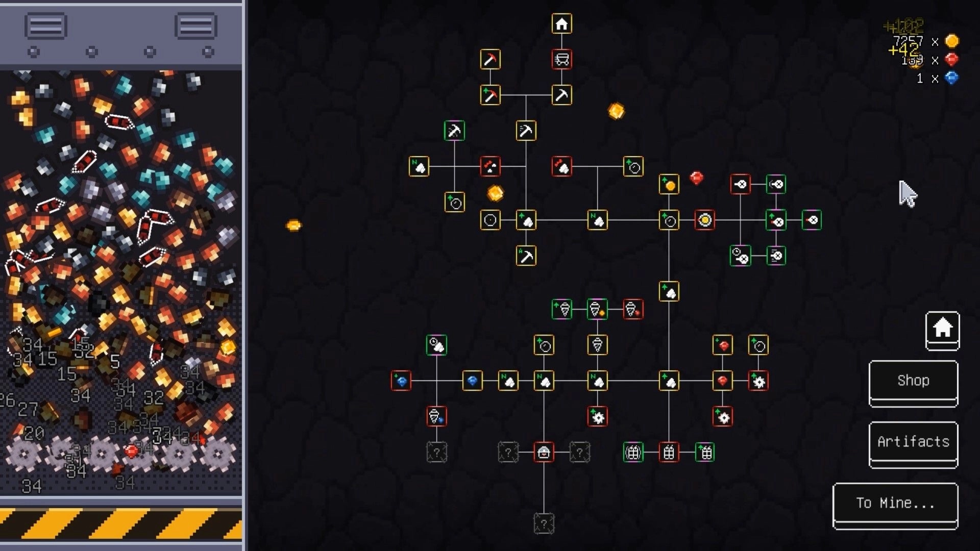 Loop Miner: Upgrade skill tree with connected mining icons beside ore pile and Shop/Artifacts buttons.