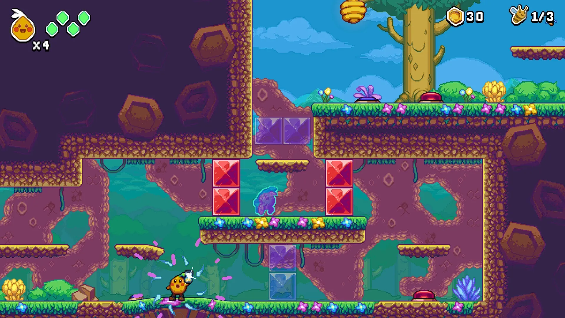 Looppip: Platform puzzle with magical seed near colorful blocks and beehive in forest environment