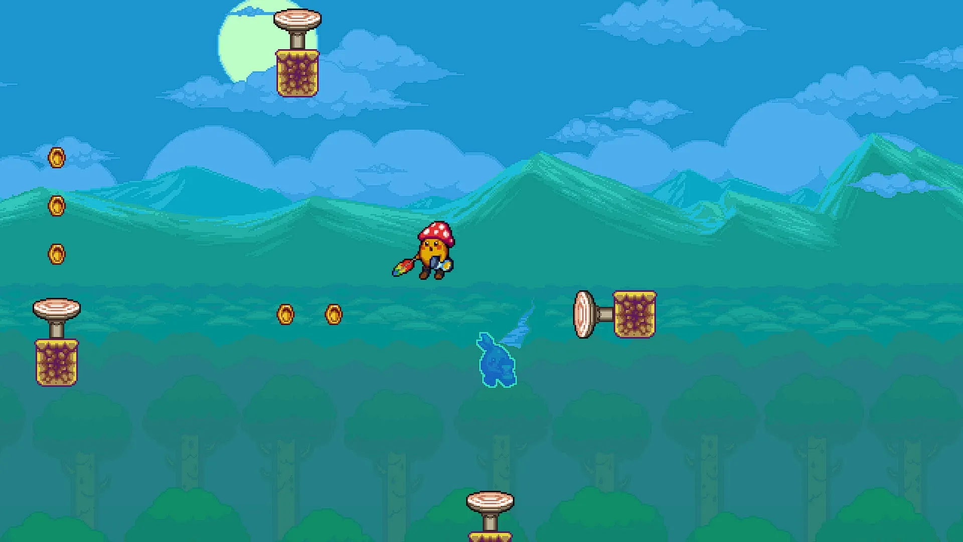 Looppip: Character jumping across floating platforms collecting coins in a vibrant forest landscape