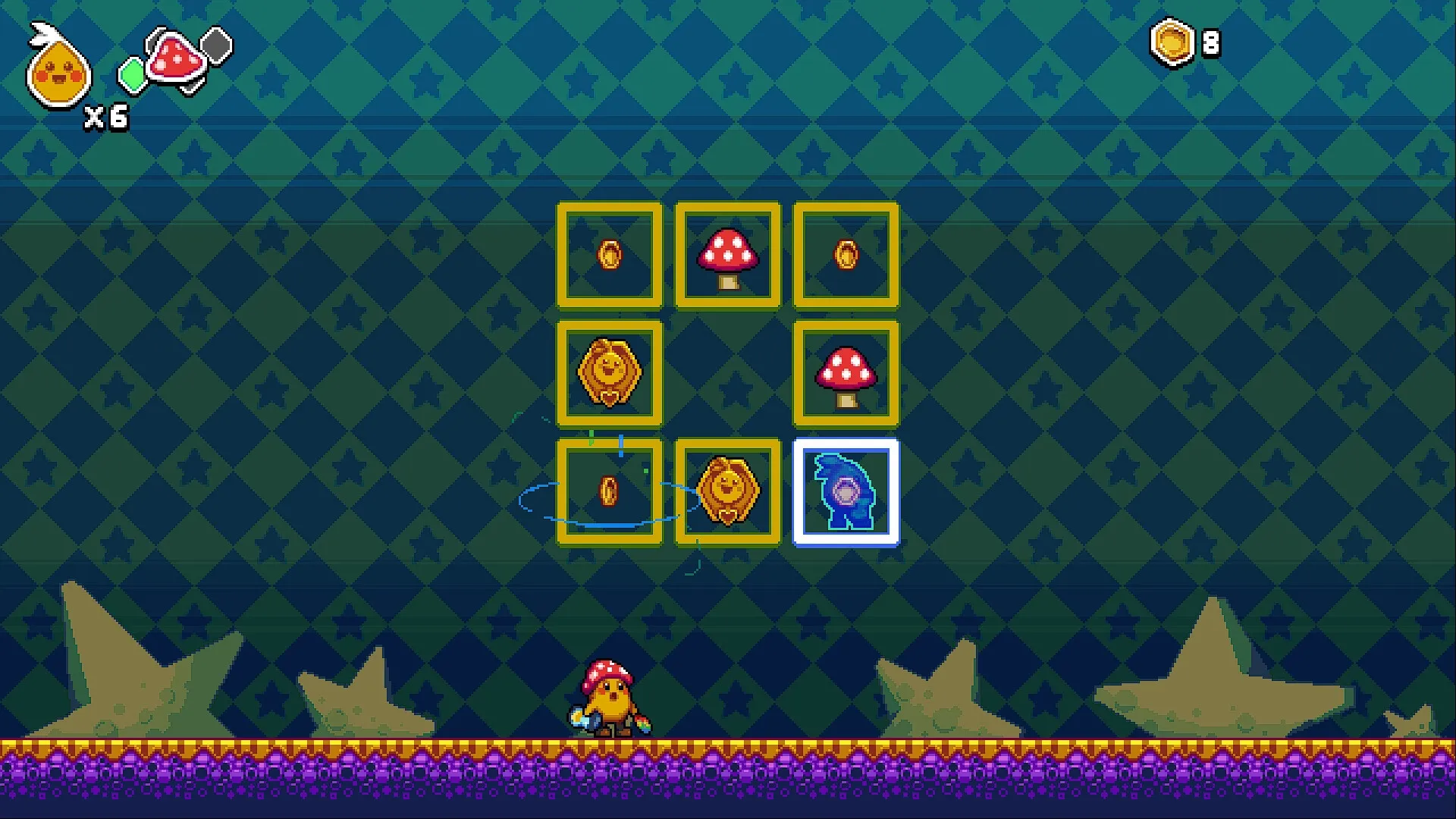 Looppip: Puzzle grid with coins, mushrooms, and bee icons; character below in a star-patterned room