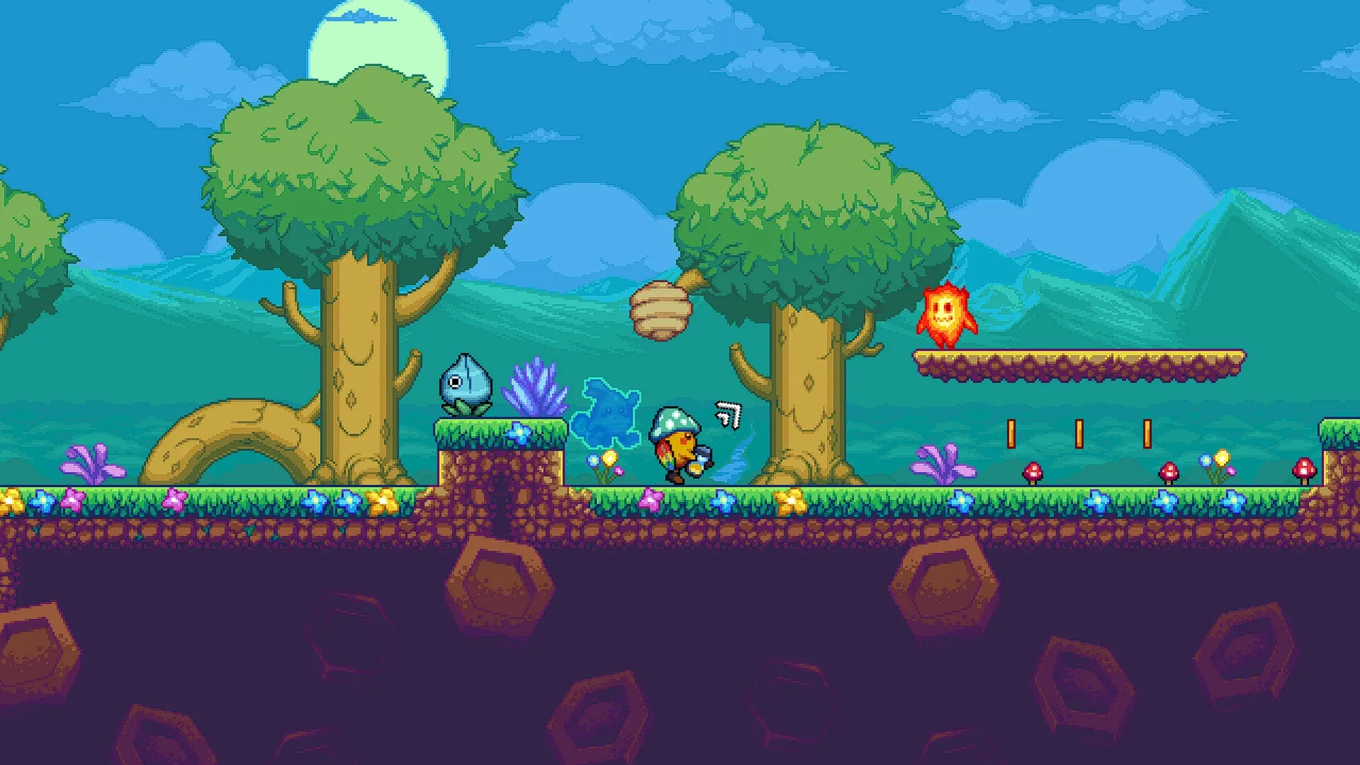 Looppip: Character navigating forest platform with enemies, trees, and a bee hive in colorful landscape.