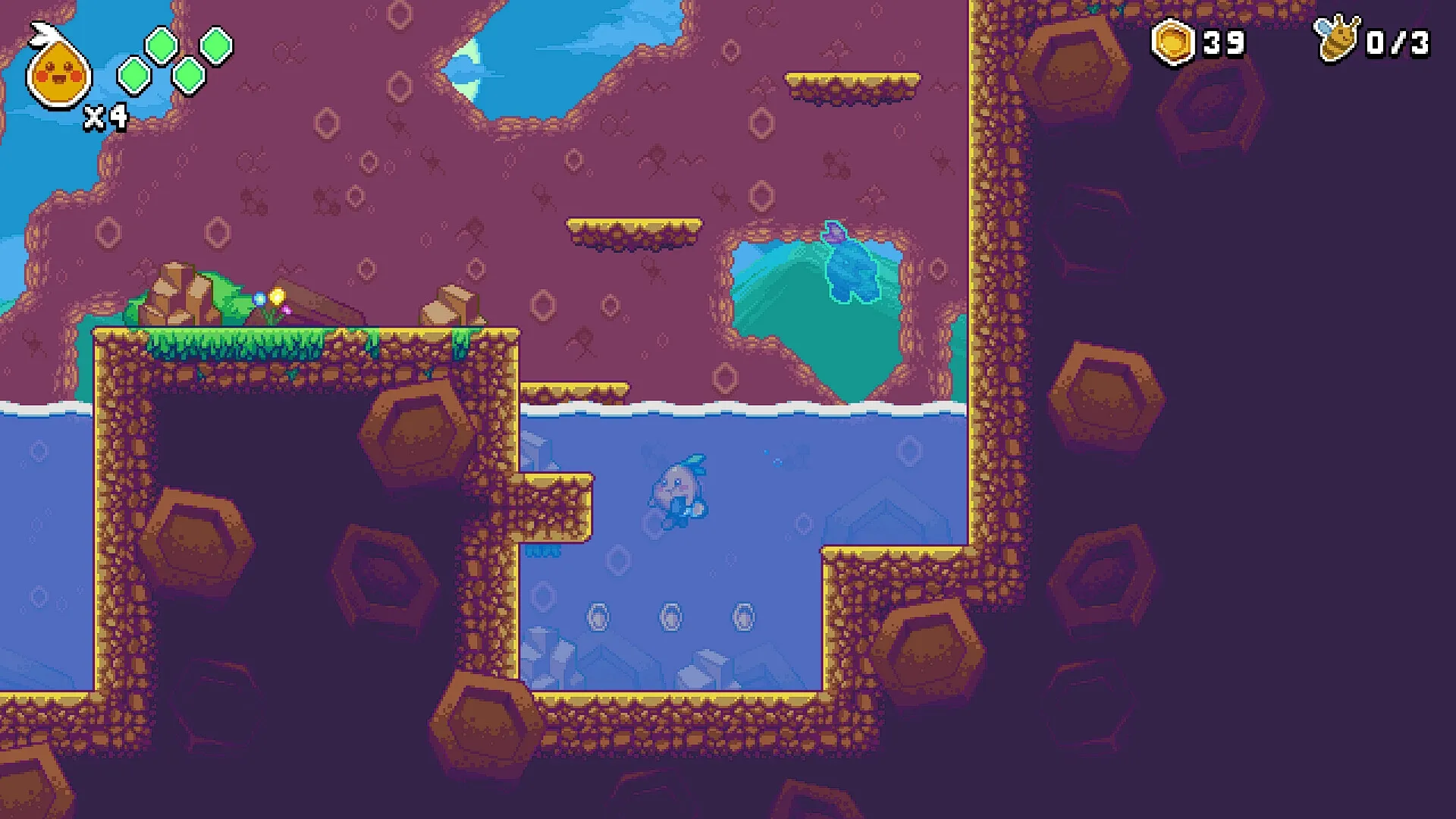 Looppip: Character swims underwater collecting coins in a cave with rocky platforms and bright UI icons