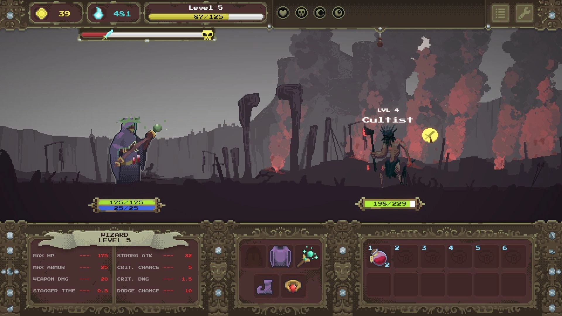 Loot Dungeon: Wizard faces a lvl 4 cultist in a smoky wasteland, with stats and inventory UI open.