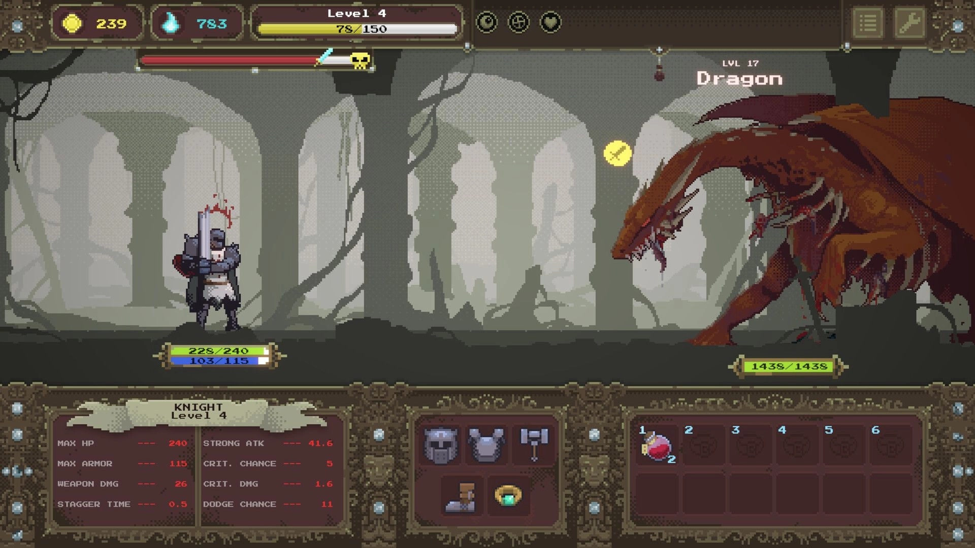 Loot Dungeon: Knight faces a lvl 17 Dragon boss in a ruined hall, with stats, gear, and hotbar UI.