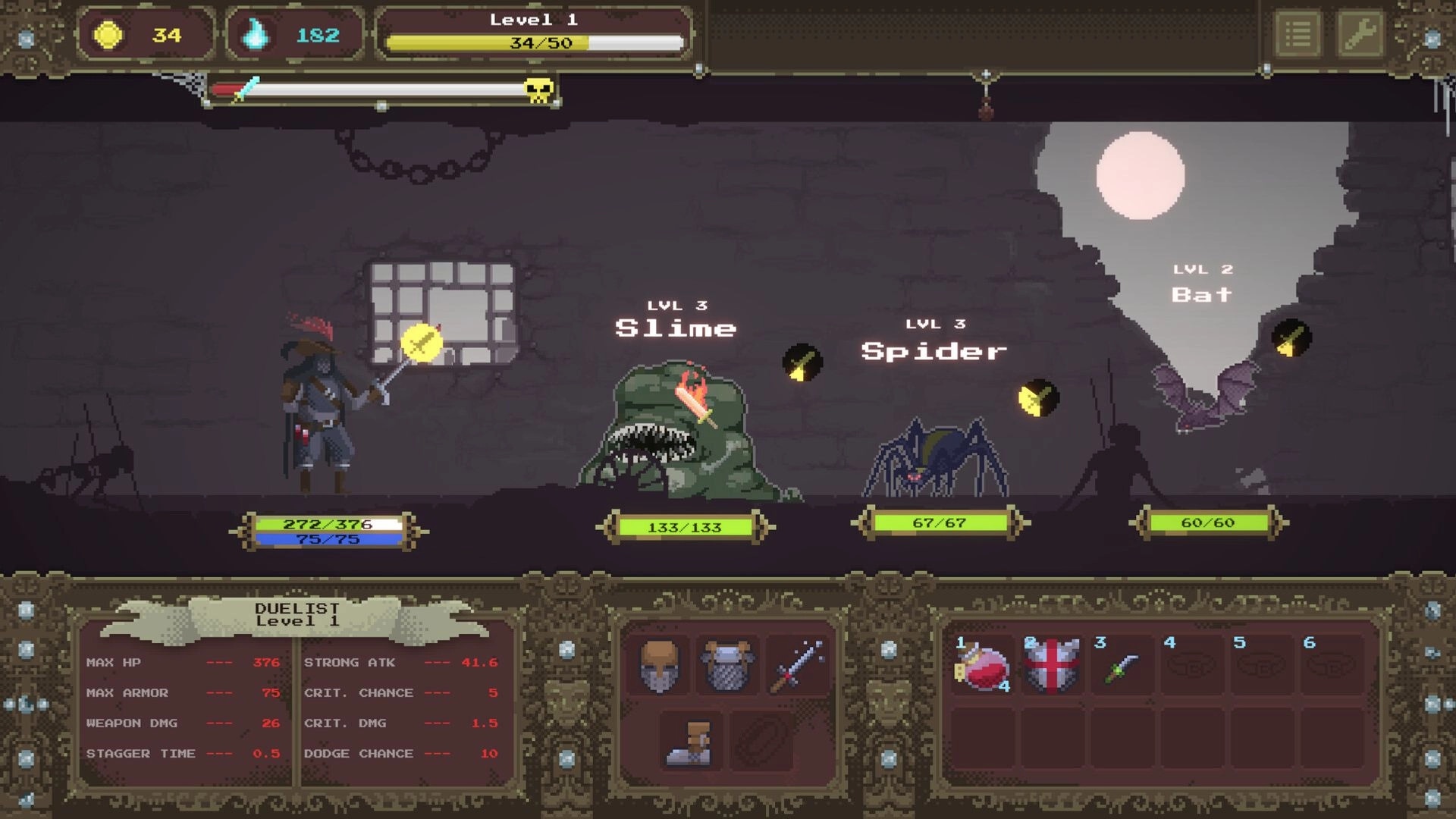 Loot Dungeon: Duelist faces slime, spider, and bat enemies in a dungeon room with inventory UI open.
