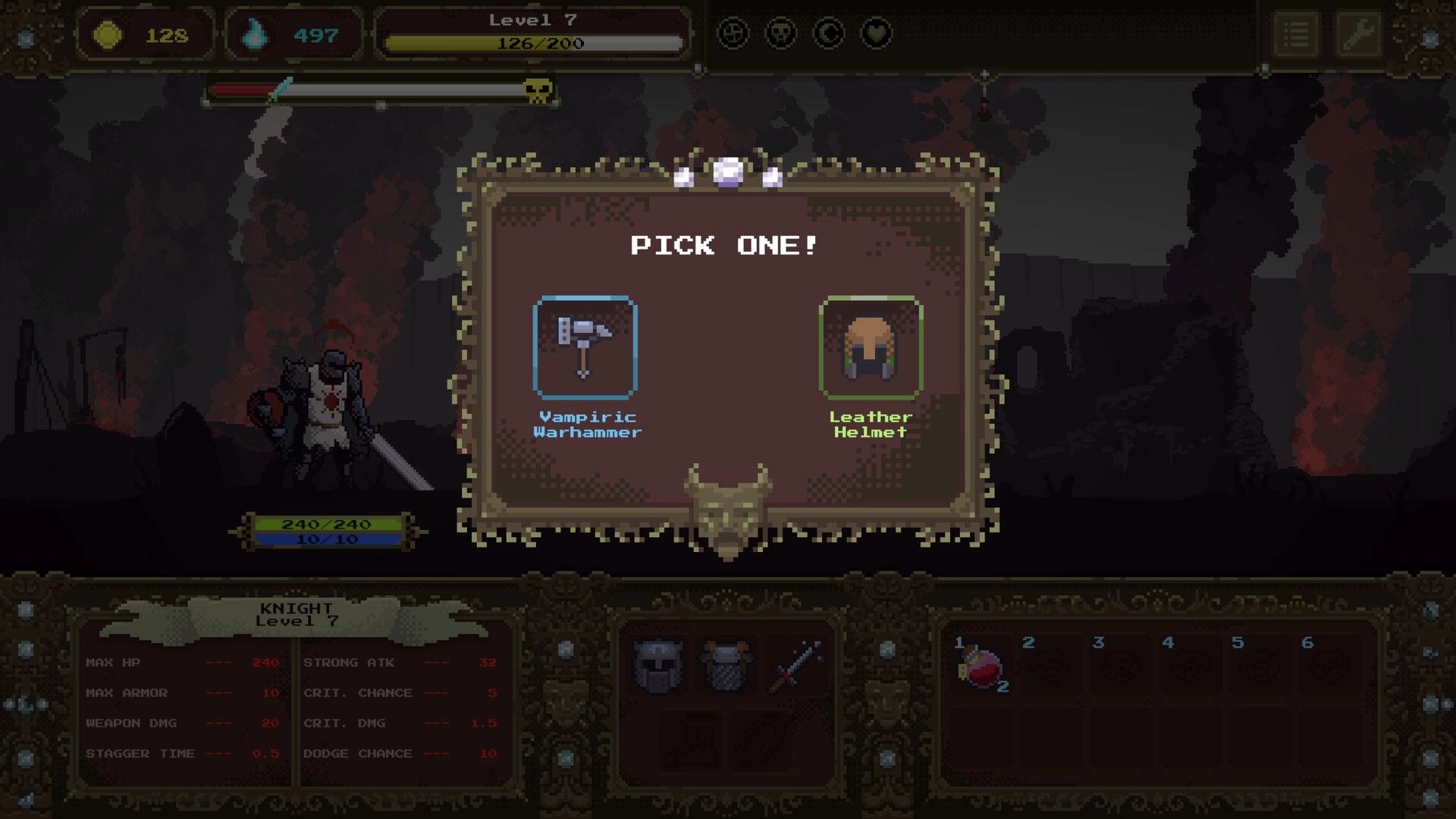 Loot Dungeon: Loot choice popup for Vampiric Warhammer or Leather Helmet in a dark dungeon UI.