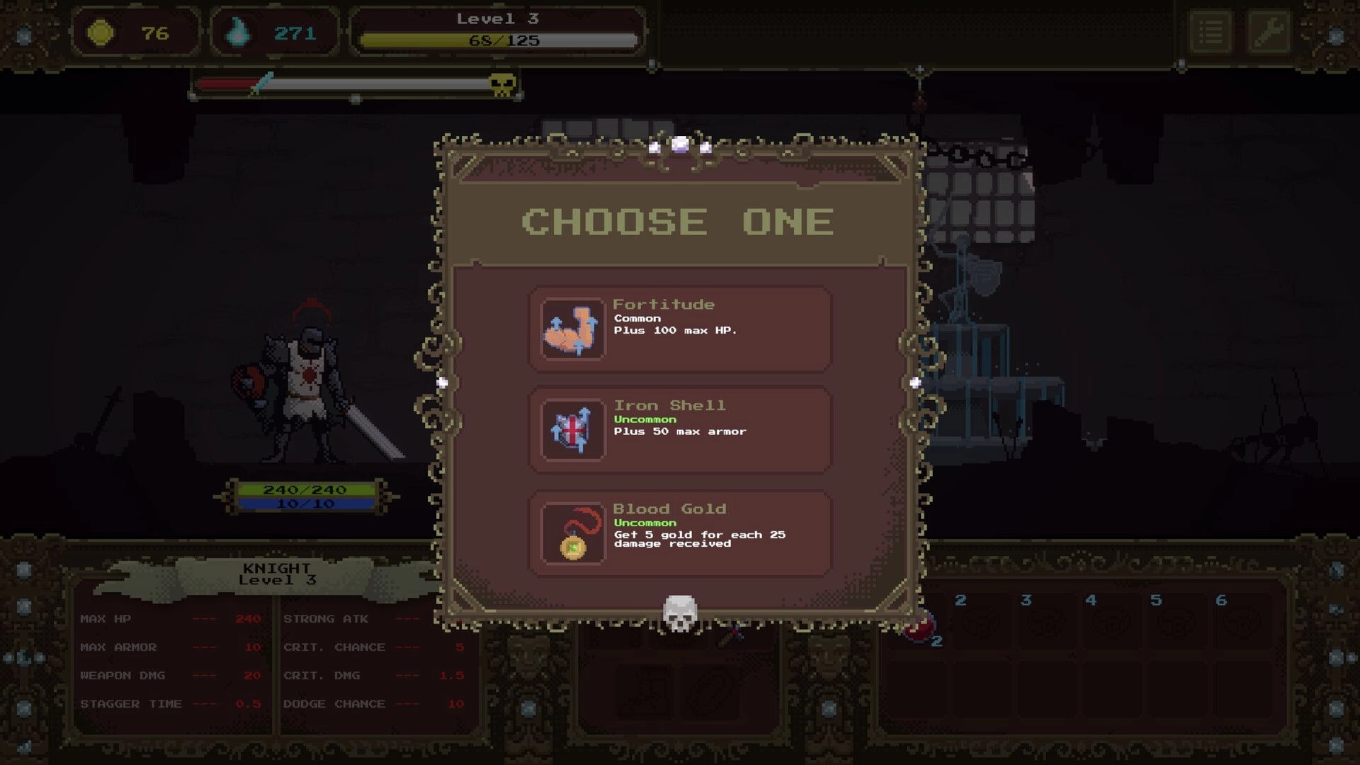 Loot Dungeon: Knight perk selection menu with Fortitude, Iron Shell, Blood Gold in a dark dungeon.
