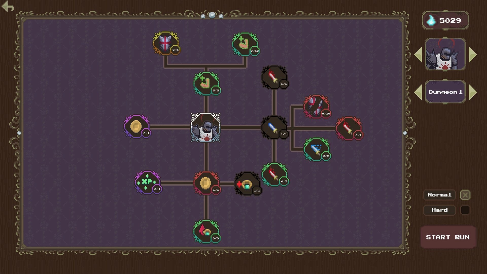 Loot Dungeon: Skill tree upgrade map with perk nodes and Dungeon 1 selector beside Start Run menu.