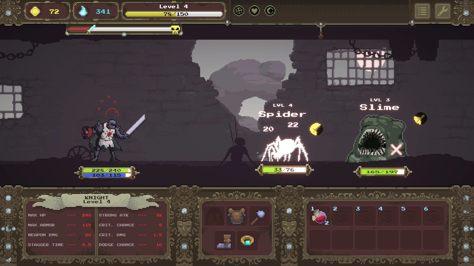 Loot Dungeon: Knight faces spider and slime enemies in a dungeon corridor with stats and inventory UI.