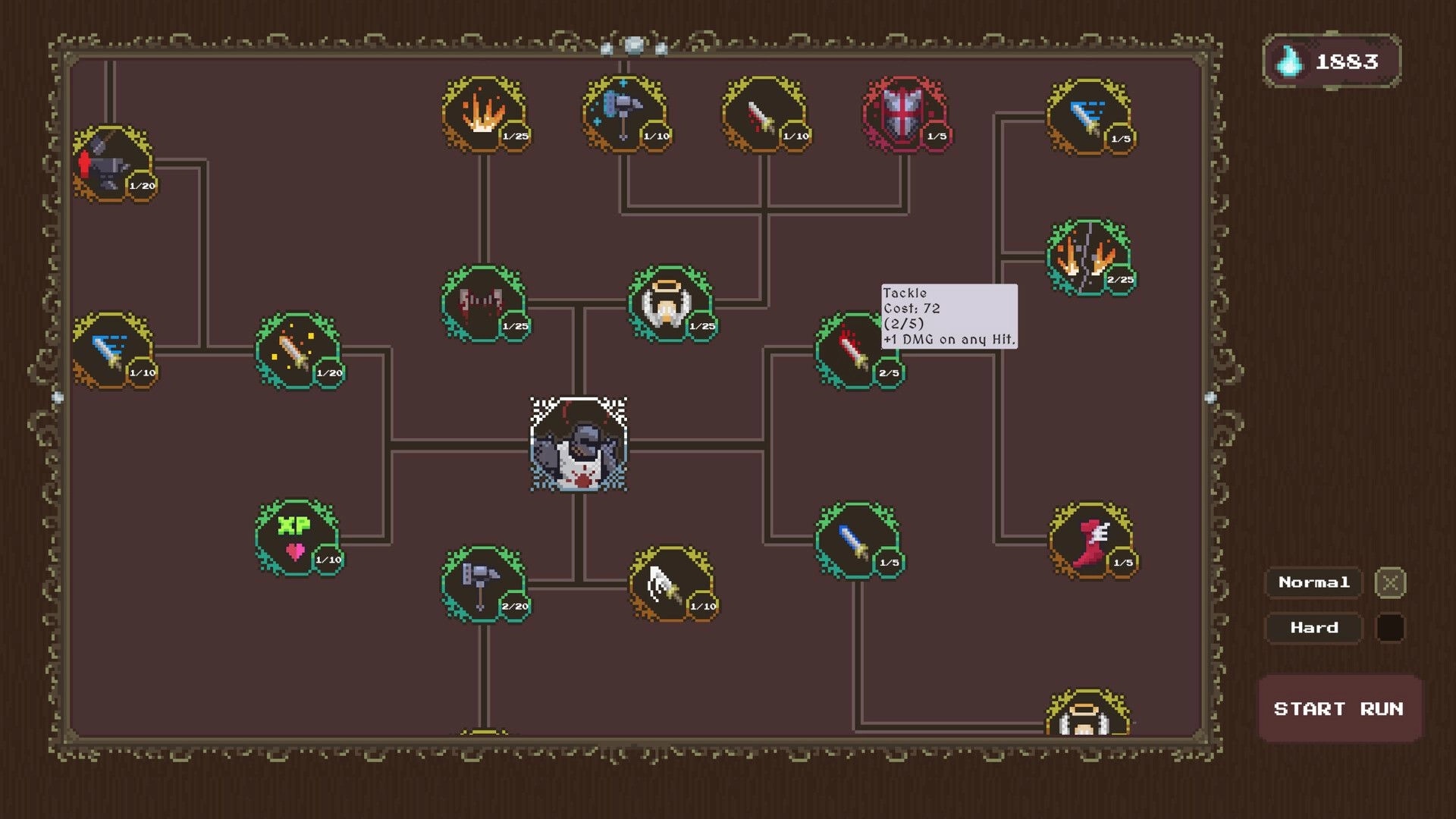 Loot Dungeon: Upgrade skill tree with perk icons and Tackle tooltip on parchment menu, Start Run button.