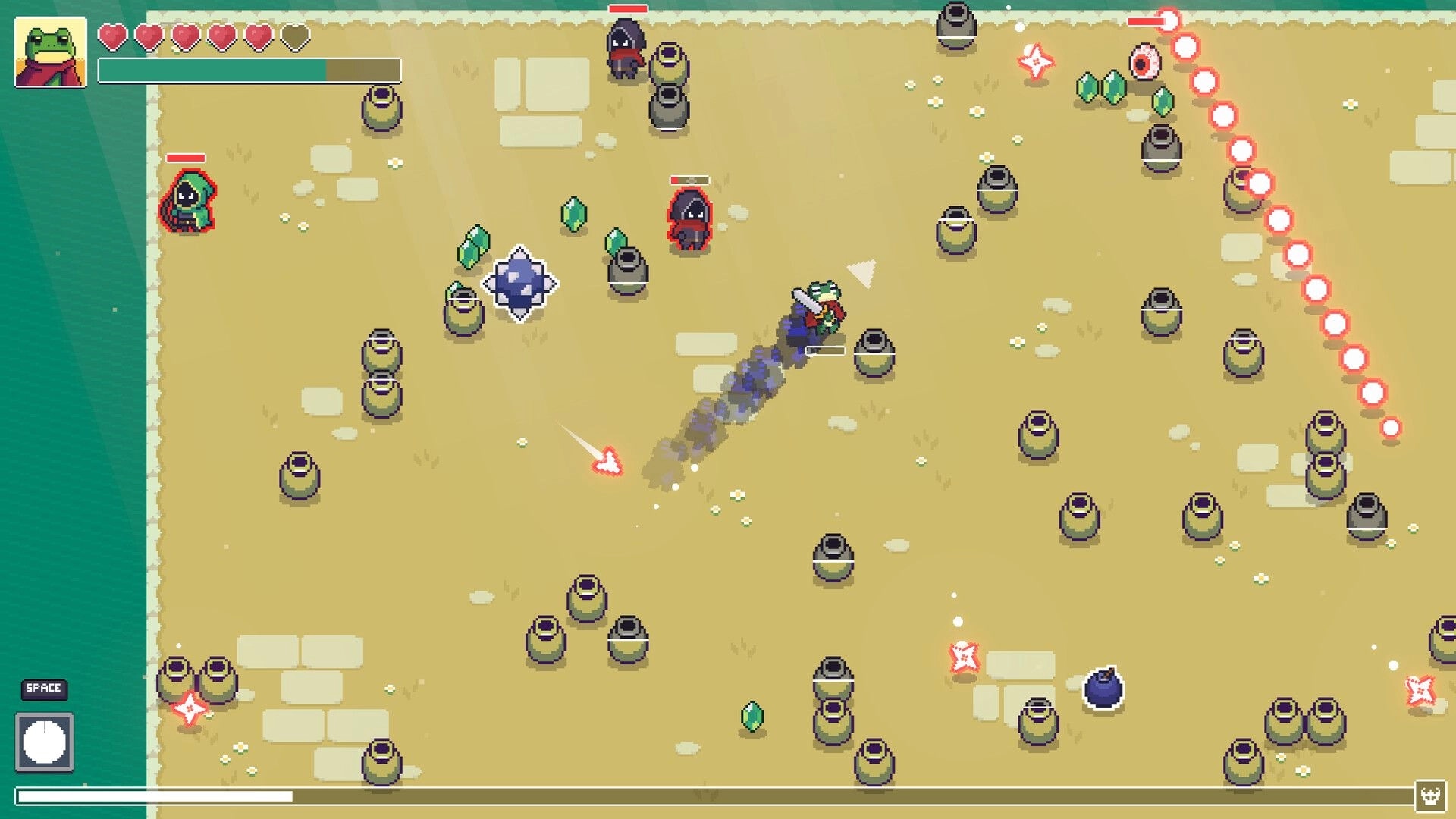 Loot Frog: Frog hero dodges cultists and bullets among pots and gems on sandy beach with UI hearts.