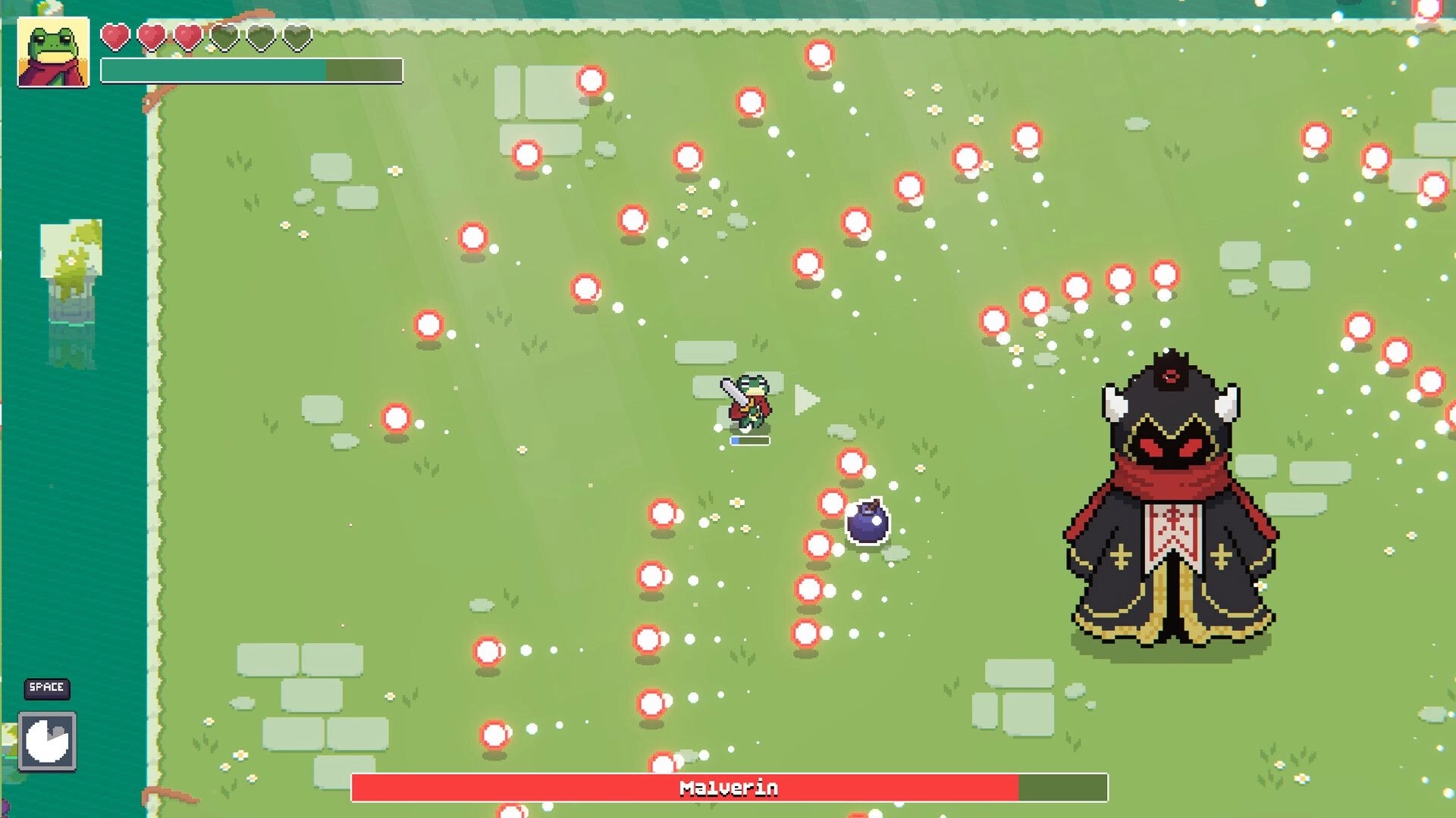 Loot Frog: Frog hero dodges red bullet orbs versus Malverin boss on grassy field, hearts UI visible.