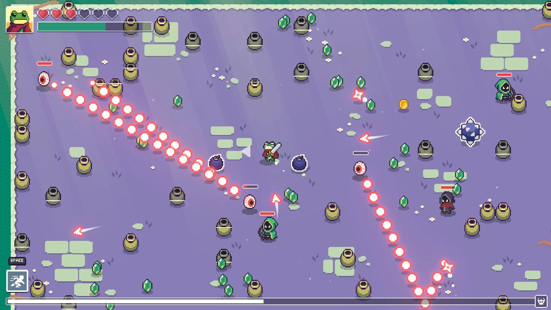 Loot Frog: Frog hero dodges red bullet streams amid pots and gems on a purple field with hearts UI.