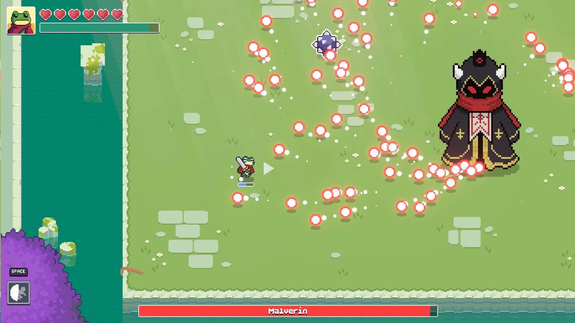Loot Frog: Dodging bullet patterns while fighting Malverin boss on a grassy arena beside water UI hearts.