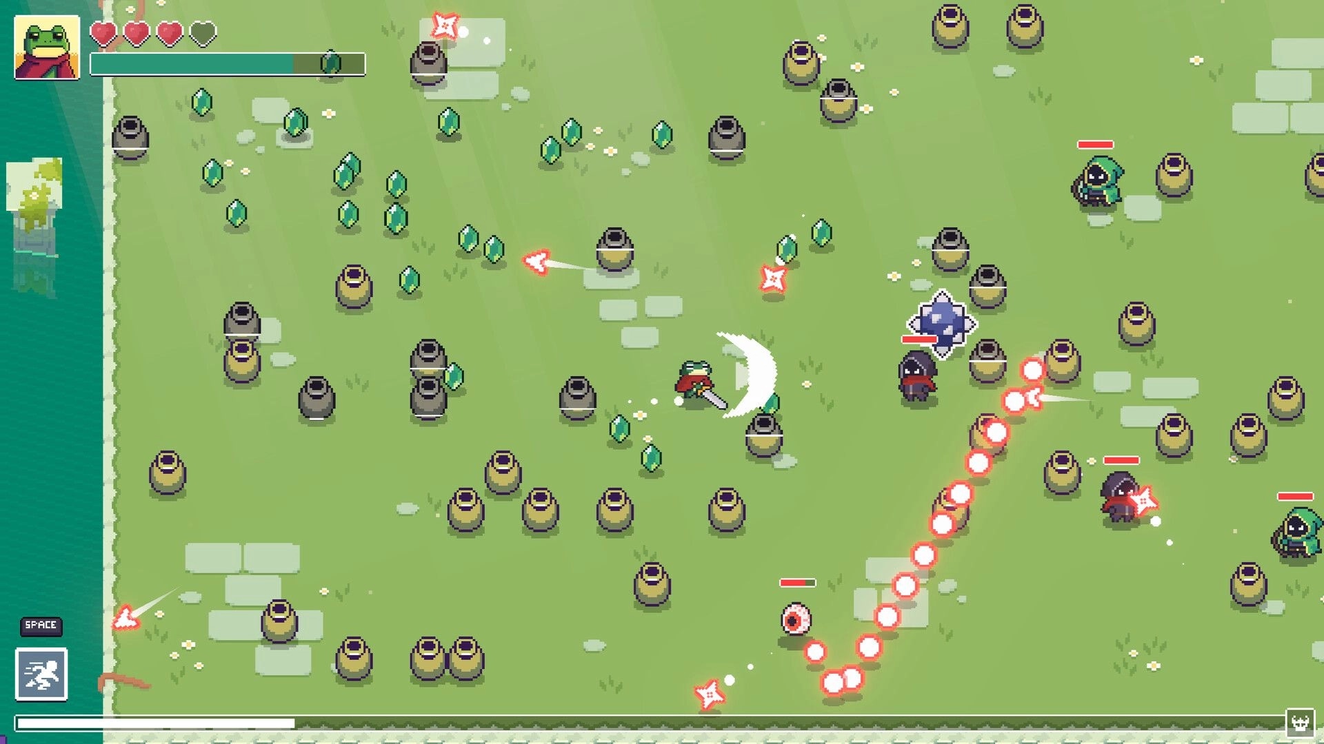 Loot Frog: Frog hero slashes amid gem drops and pots, dodging cultist bullets on grassy field.