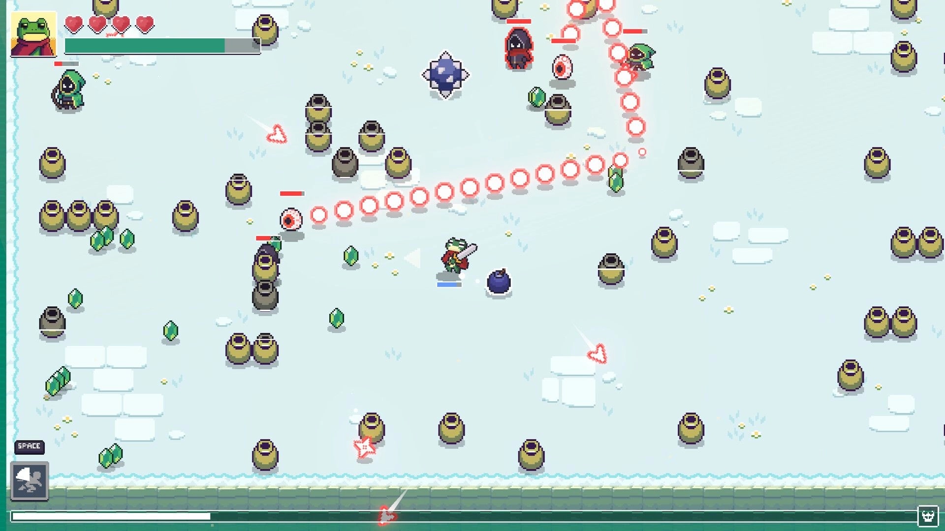 Loot Frog: Frog hero dodges red bullet rings amid pots and gems on icy arena with hearts UI.