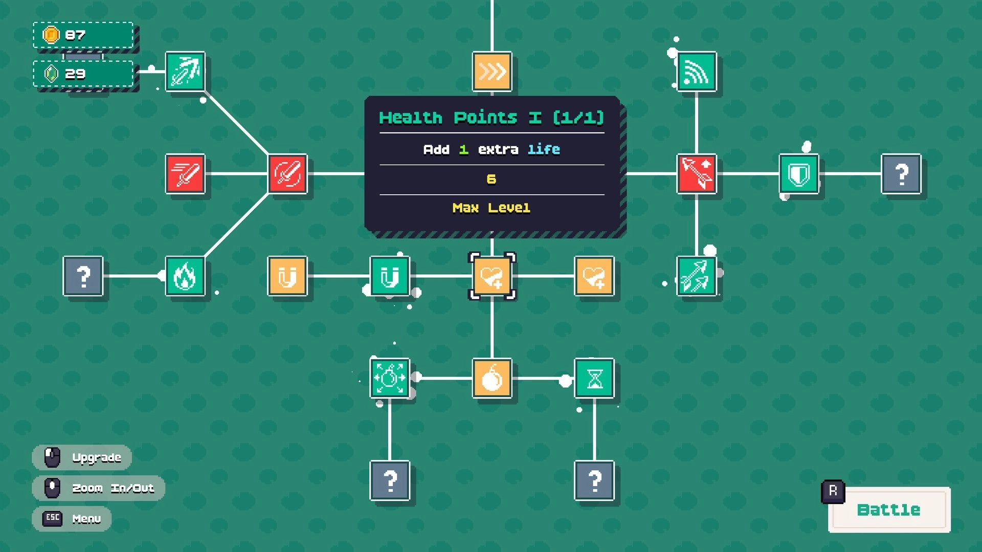 Loot Frog: Skill tree upgrade screen highlighting Health Points I node on teal grid with Battle button.