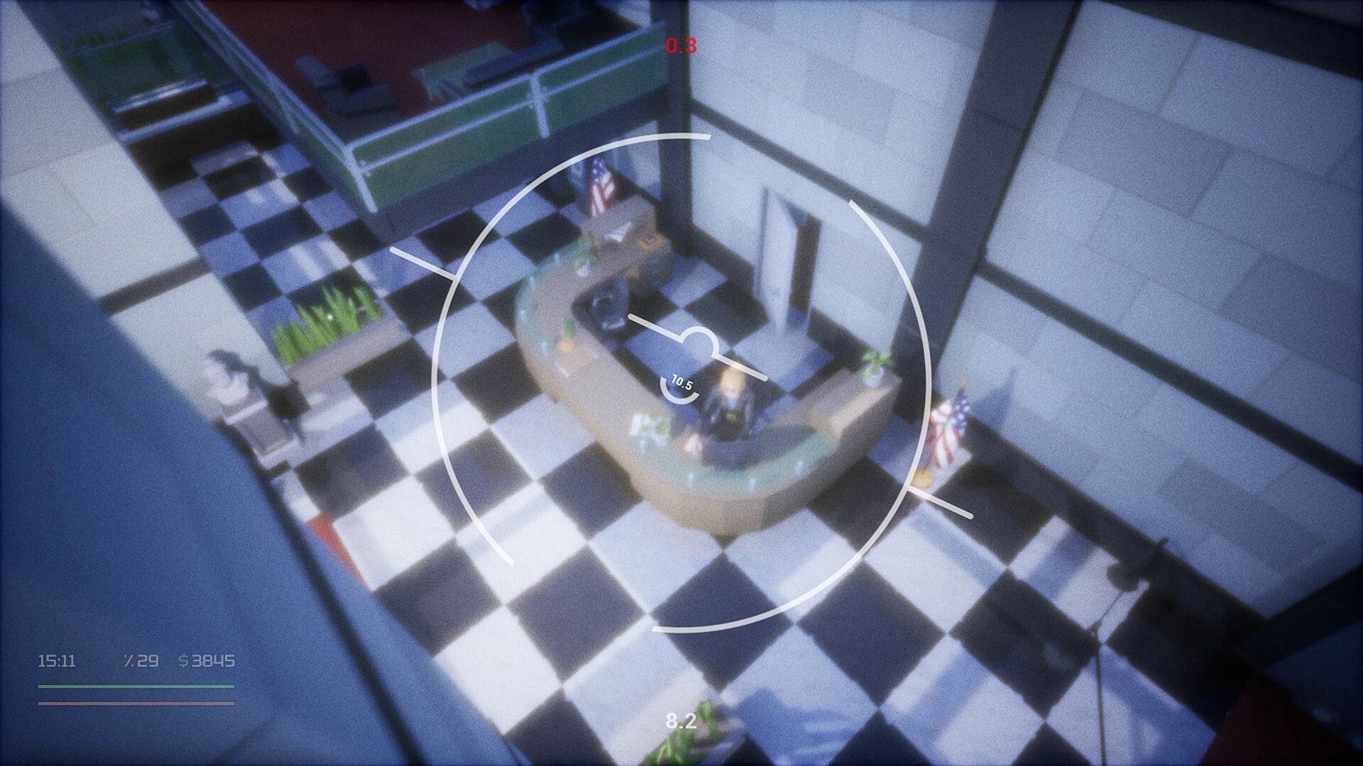 Loot List: Overhead view of lobby with checkered floor, two desks, plants, and a flag in the corner.