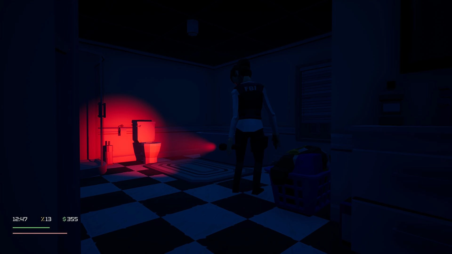 Loot List: FBI agent searches dimly lit bathroom with flashlight highlighting toilet and items nearby