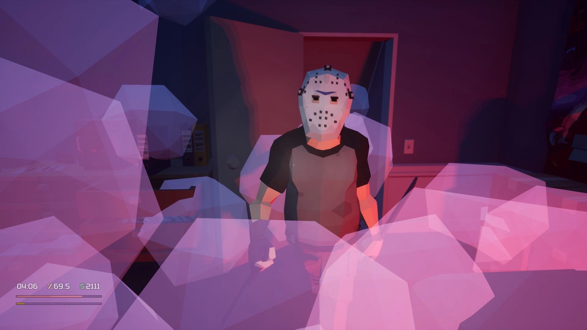 Loot List: Masked character stands in dimly lit room with abstract shapes and timer in bottom corner