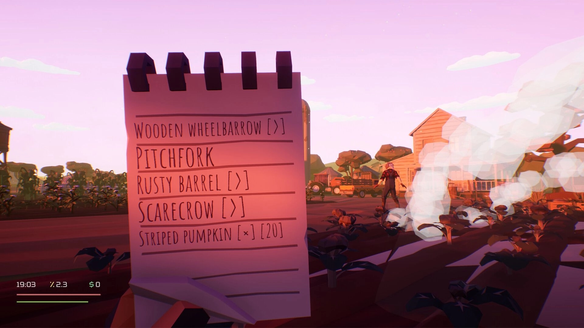 Loot List: Heist checklist with farm items in rural setting, character visible near crops and buildings