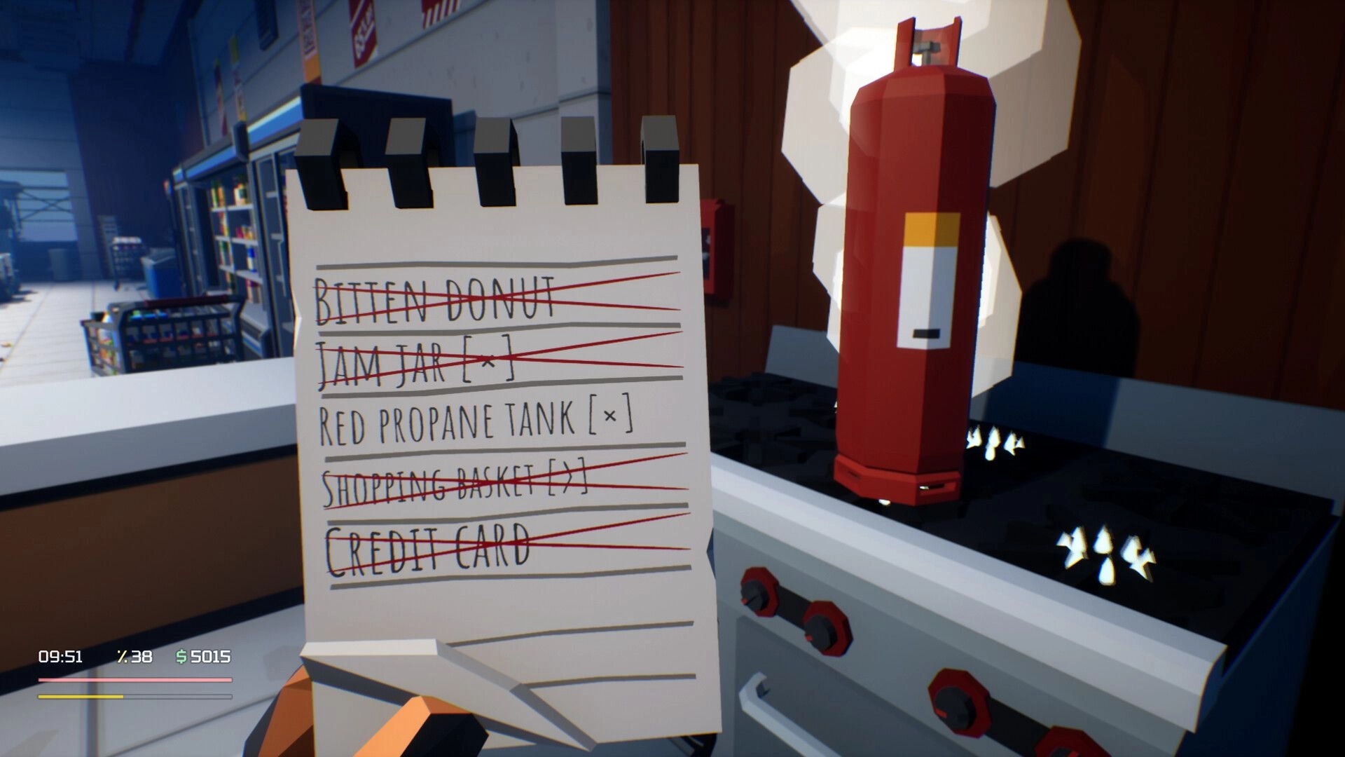 Loot List: Notepad with crossed-off items and a propane tank in a store interior setting