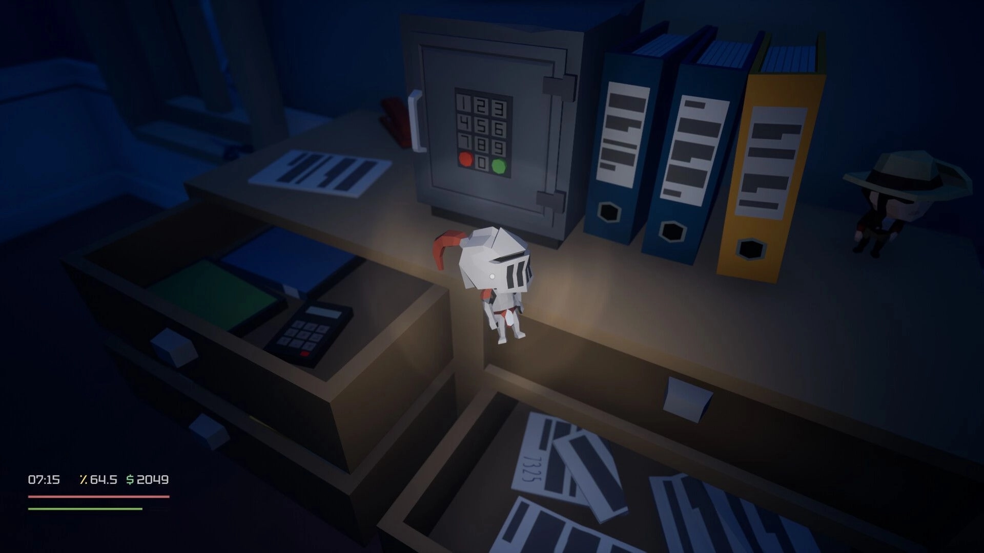 Loot List: Miniature knight character near a safe with binders and scattered papers in dimly lit room
