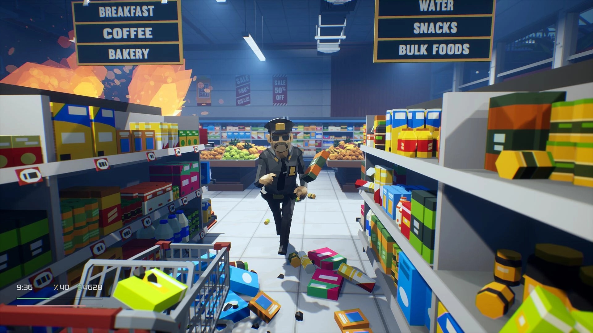 Loot List: Police officer chasing thief in grocery store aisle with scattered items and shopping cart