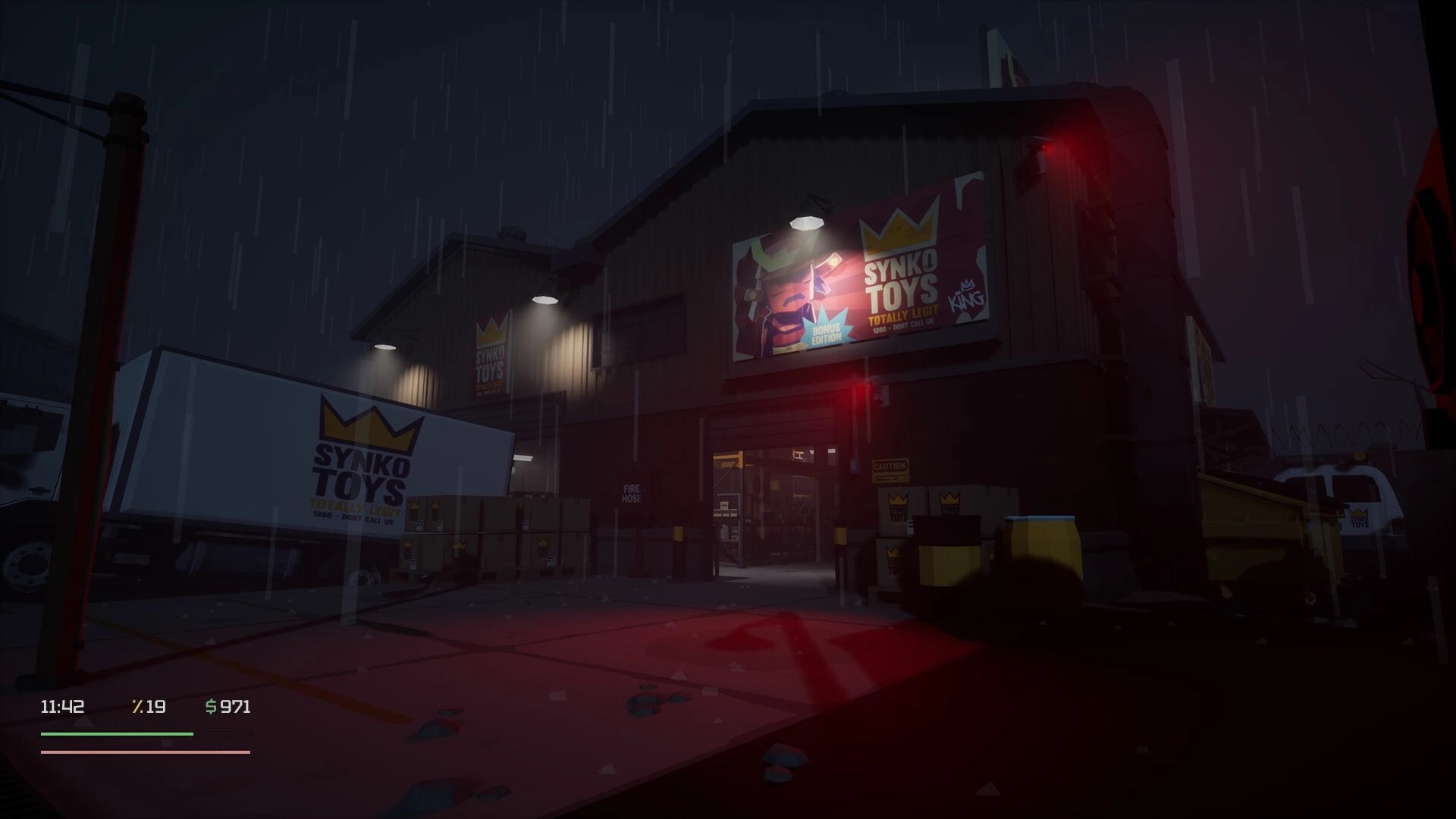 Loot List: Rainy night heist at Synko Toys warehouse with truck and security lights in the courtyard