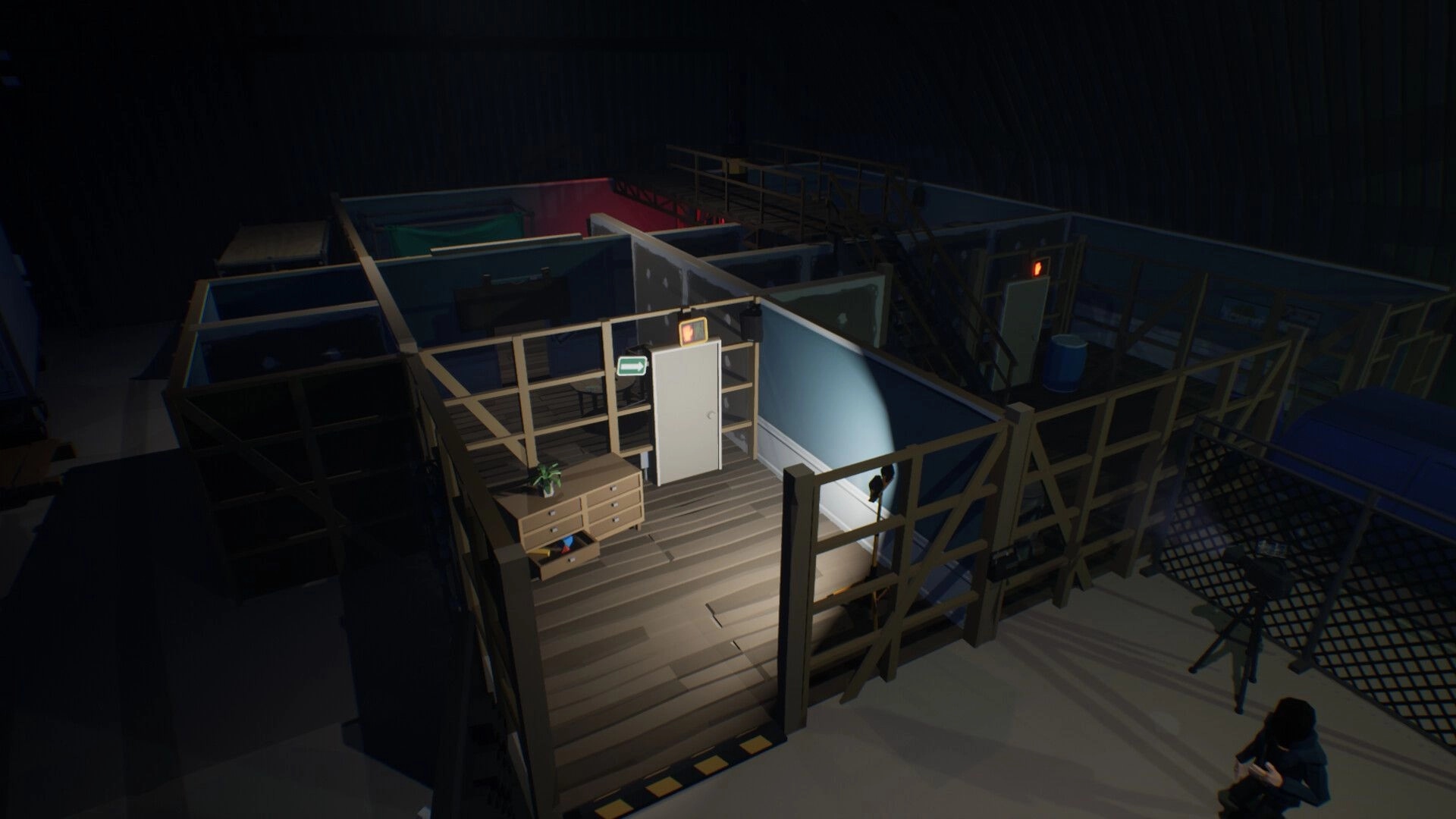 Loot List: Overhead view of a dimly lit warehouse with partitioned rooms and a character in the corner.