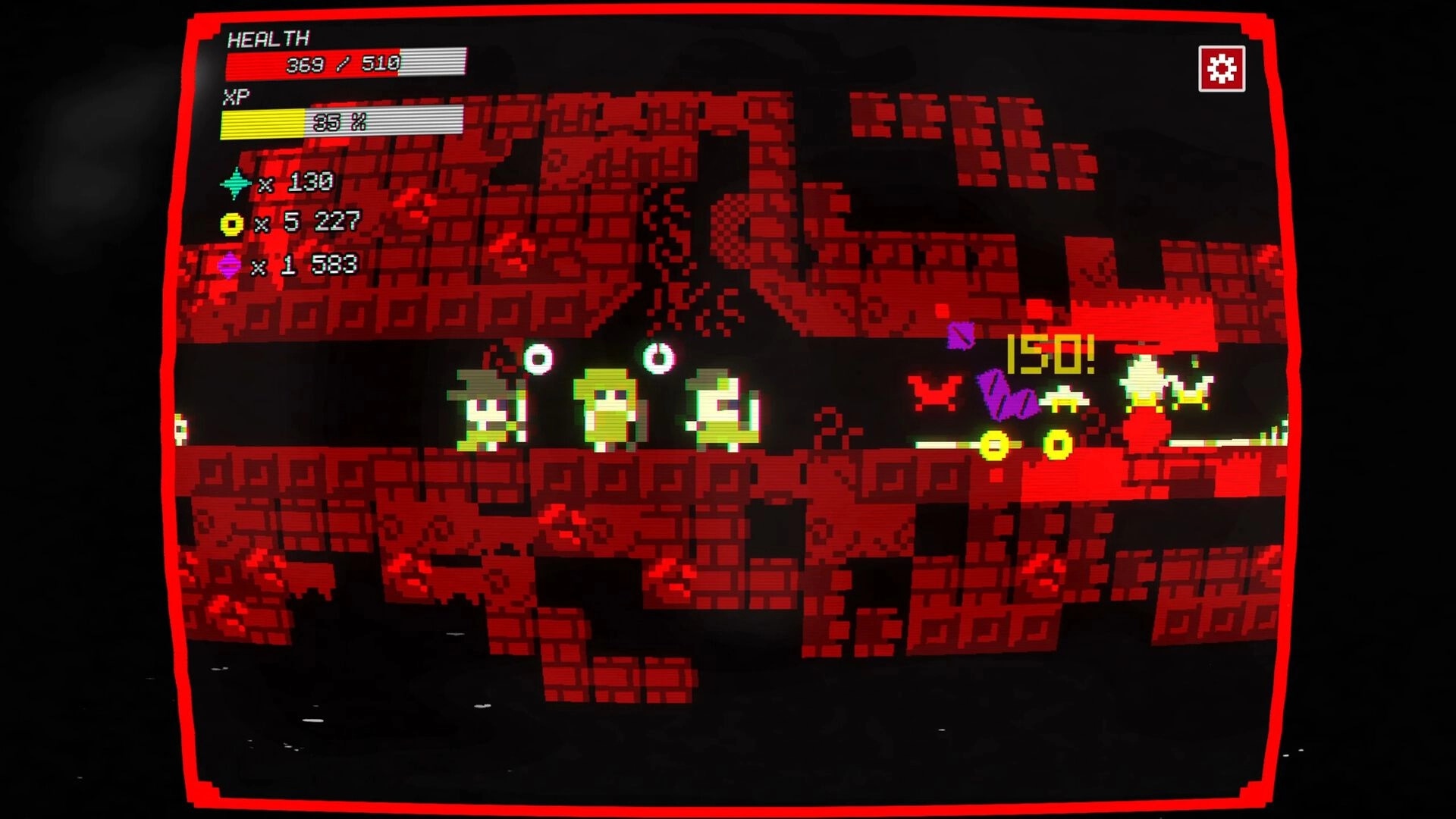 Loot Loop: Pixel heroes navigating a red dungeon with health and XP bars displayed on the interface